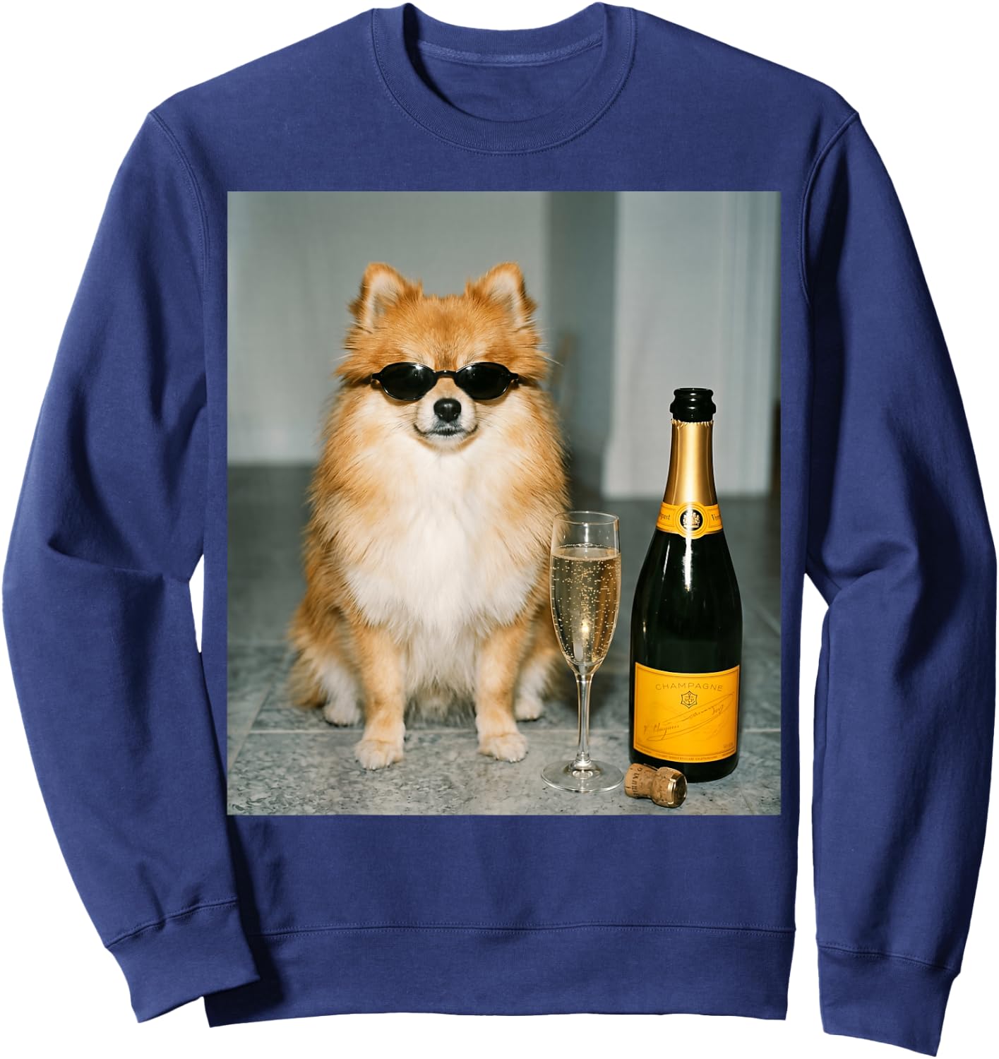 Funny Pomeranian Drinking Champagne Meme Sweatshirt - Sweatshirt | Navy