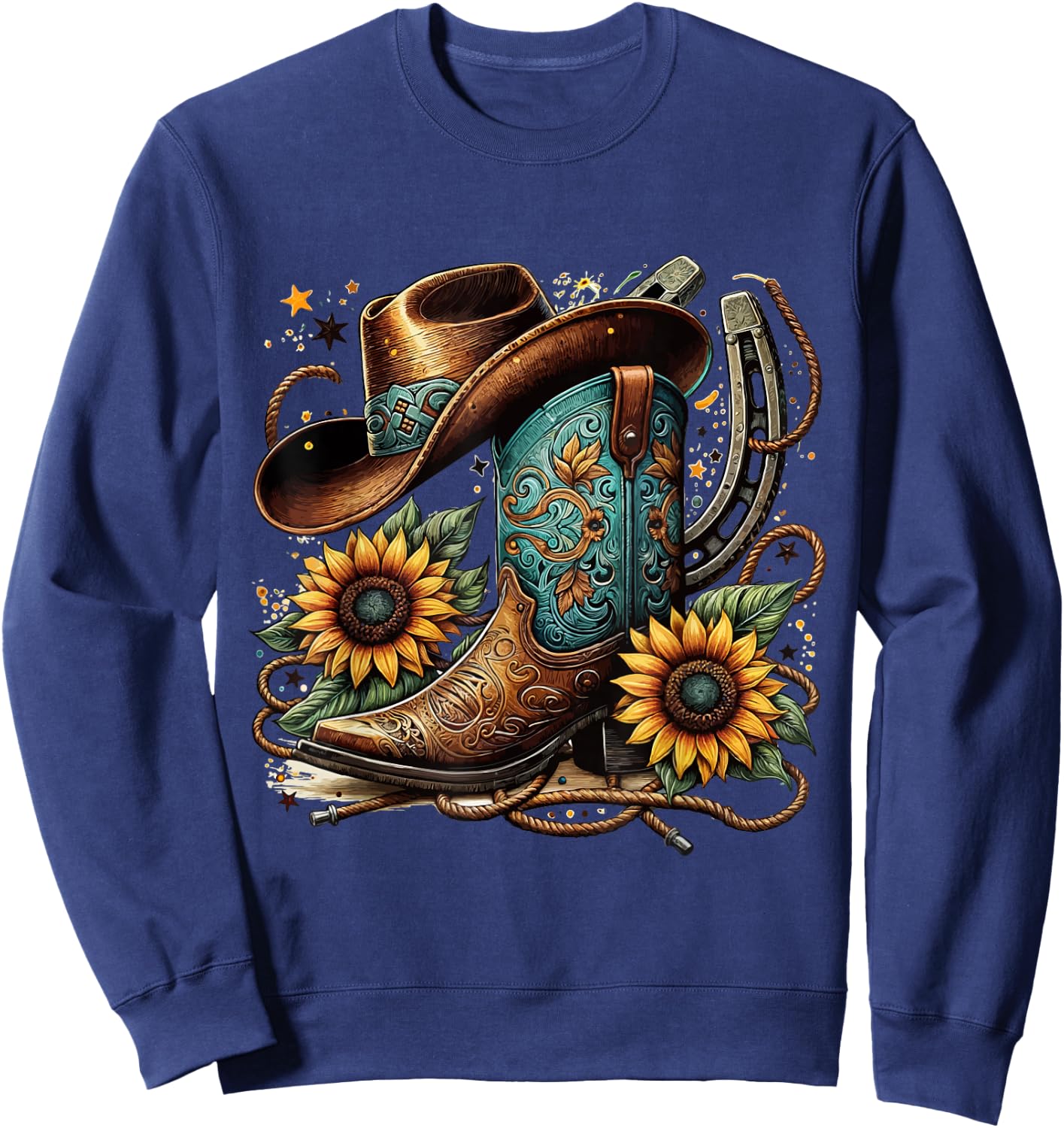 Western Cowboy Boots Horseshoe Sunflower Rope Cowgirl Boat , black Sweatshirt - Sweatshirt | Navy