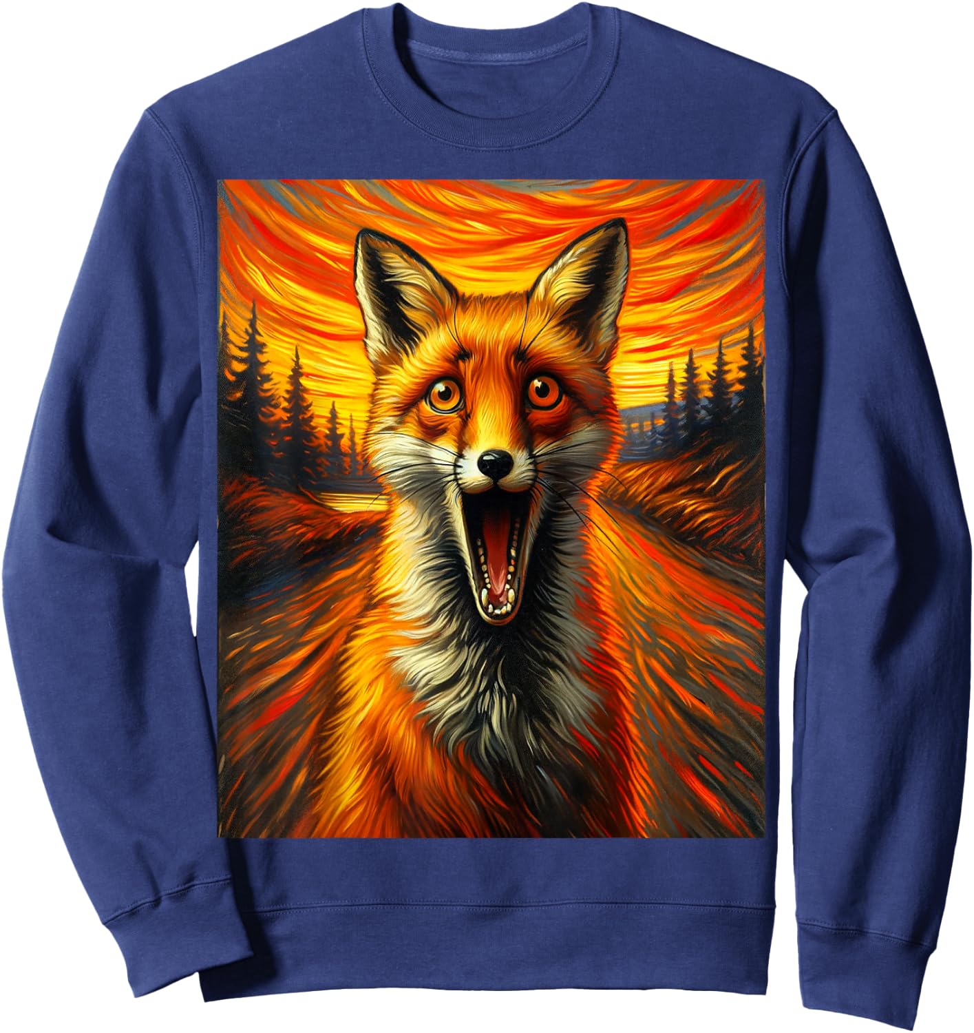 Expressionist Scream Funny Forest Surreal Animal Artwork Fox Sweatshirt - Sweatshirt | Navy