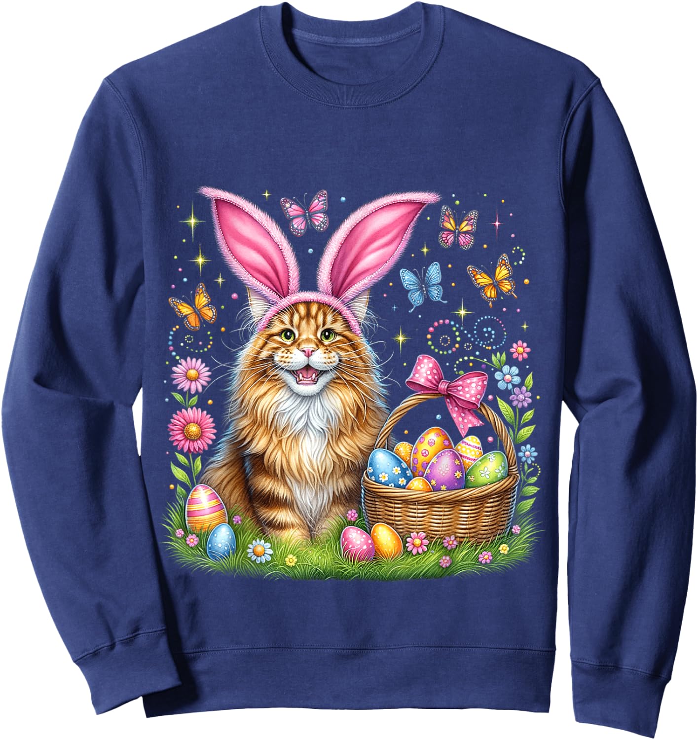 Happy Easter Cute Bunny Maine Coon Cat Easter Eggs Basket Sweatshirt - Sweatshirt | Navy