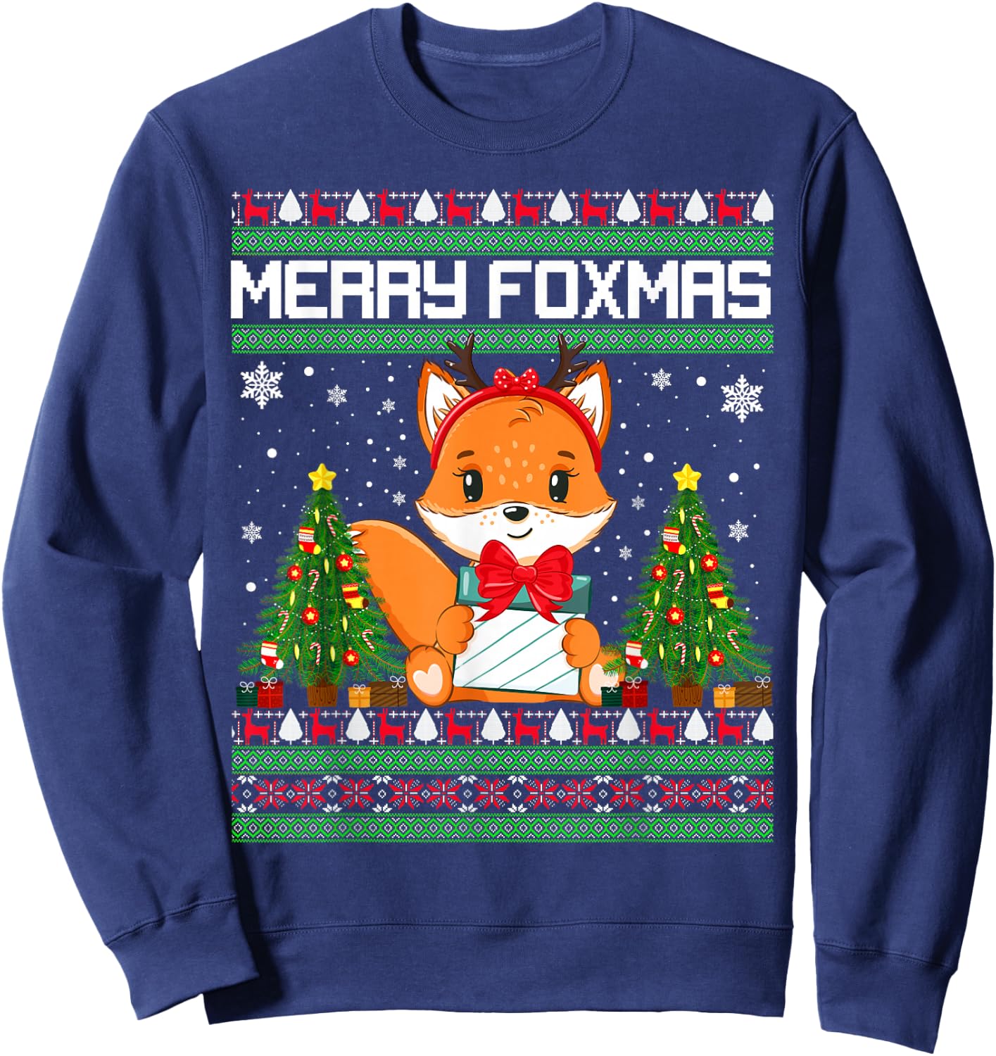 Merry Foxmas Santa Fox Lights Fox Lovers Ugly Xmas Sweater Sweatshirt - Sweatshirt | Navy
