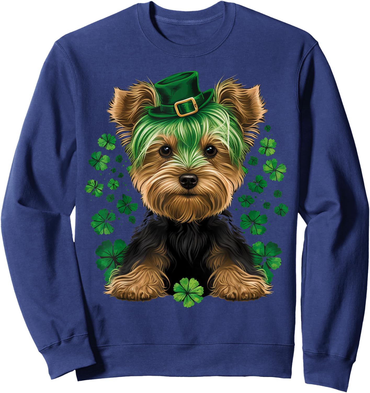 Green Yorkie shamrock on St Patricks Day Yorkshire Terrier Sweatshirt - Sweatshirt | Navy