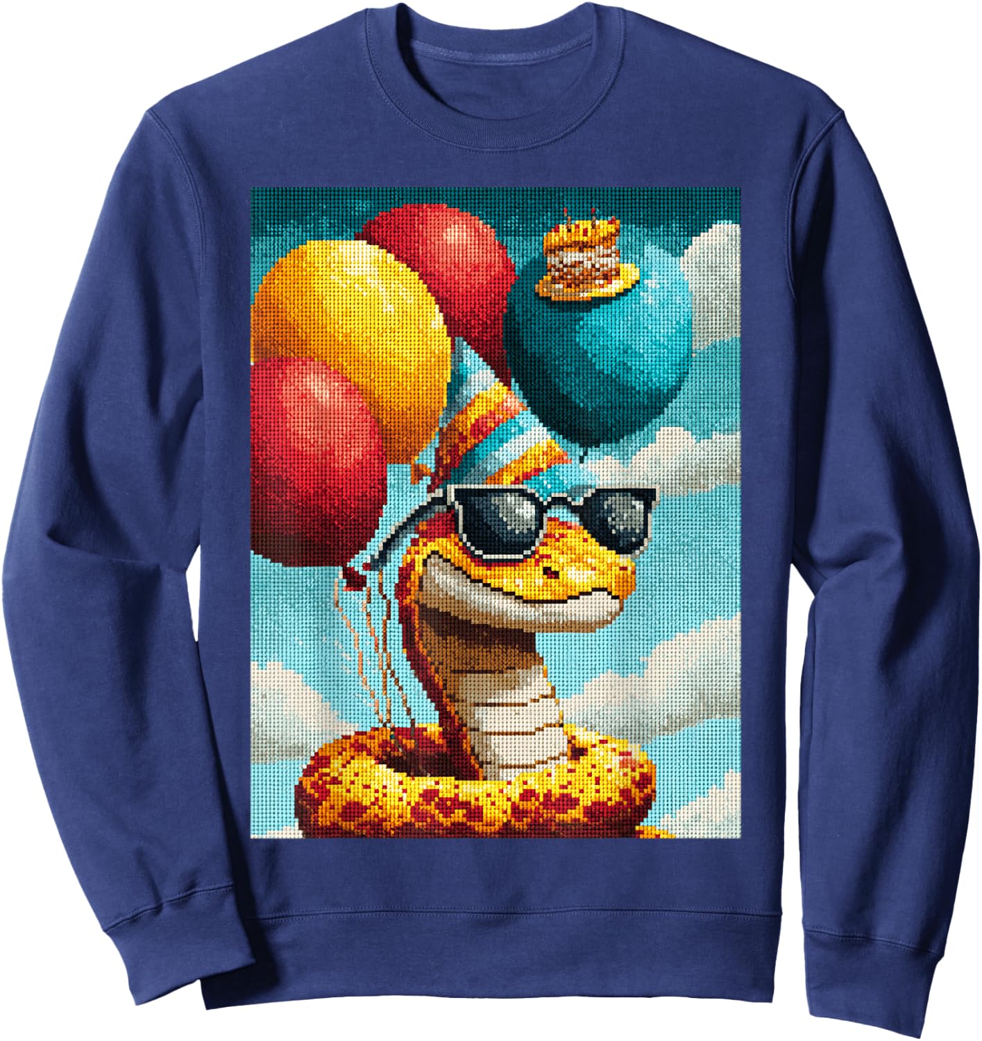 Retro Snake Birthday Party Balloons & Cake Pixel Animal Sweatshirt - Sweatshirt | Navy