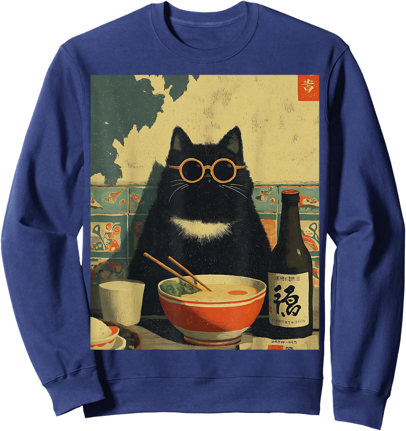 Vintage Japanische Katze Ramen Katze Papa Retro Lustige Grafik Frauen Sweatshirt - Sweatshirt | Navy