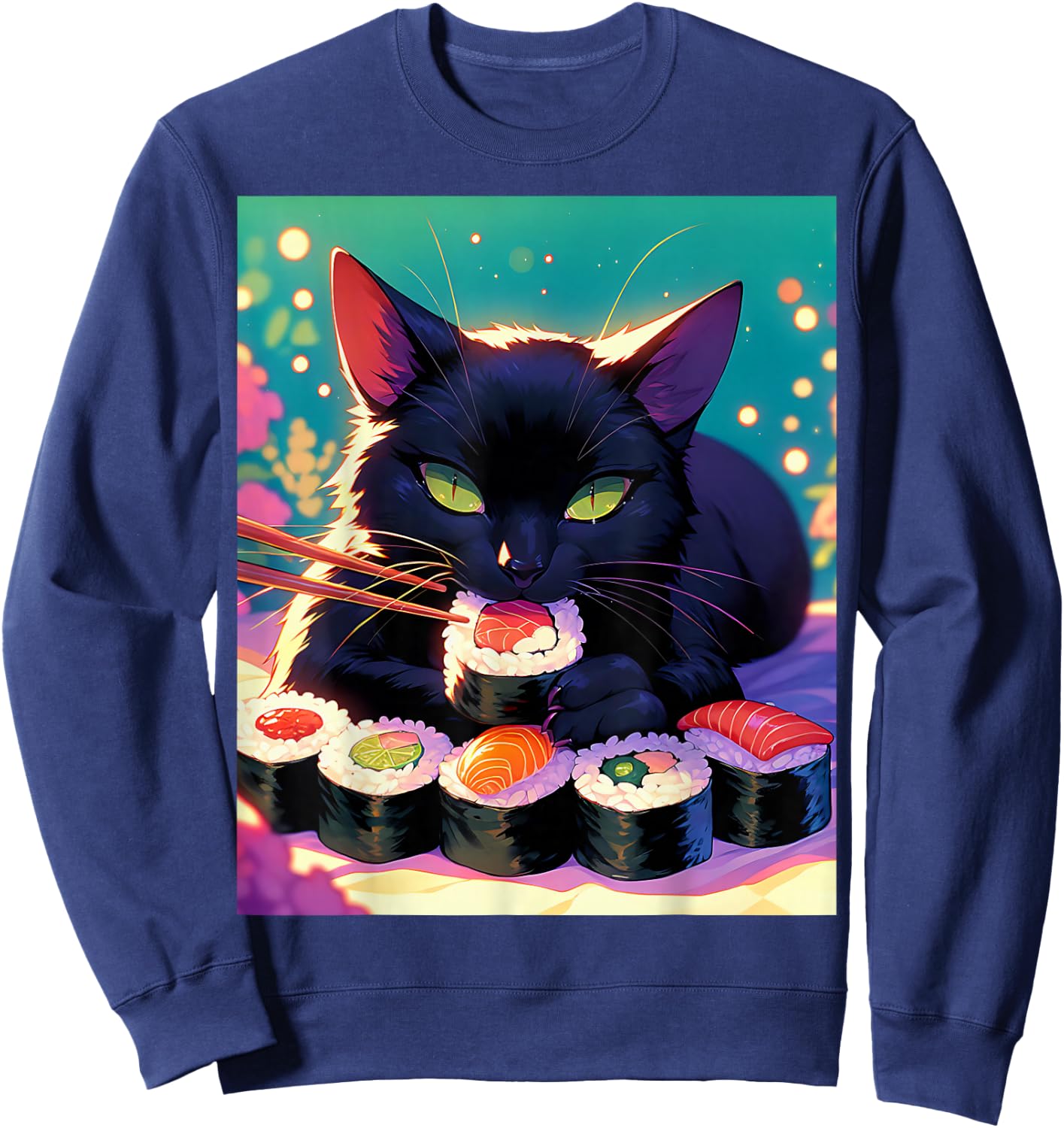 Black Cat Eating Sushi Anime Funny Cat Gifts Men Women Kids Sweatshirt - Sweatshirt | Navy