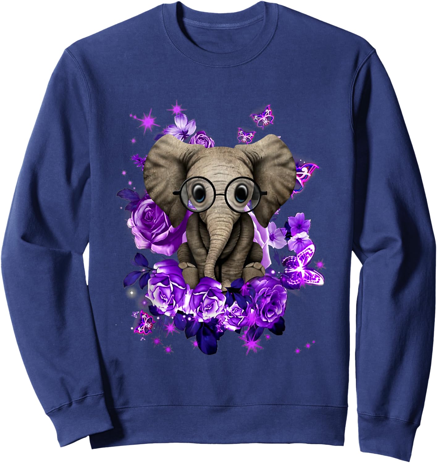 Funny Purple Elephant Purple Flower And Butterfly Sweatshirt - Sweatshirt | Navy