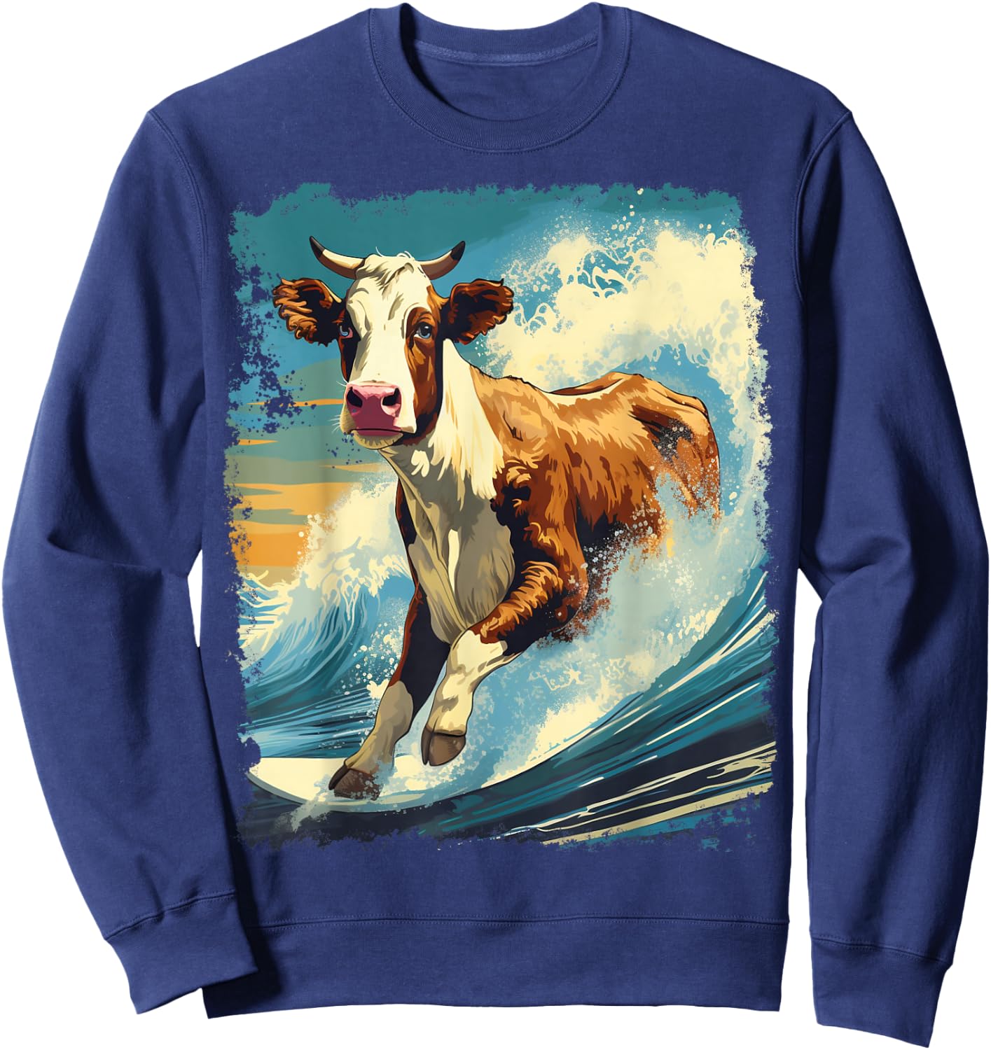 Pop Art Colorful Cow Surfing Sweatshirt - Sweatshirt | Navy
