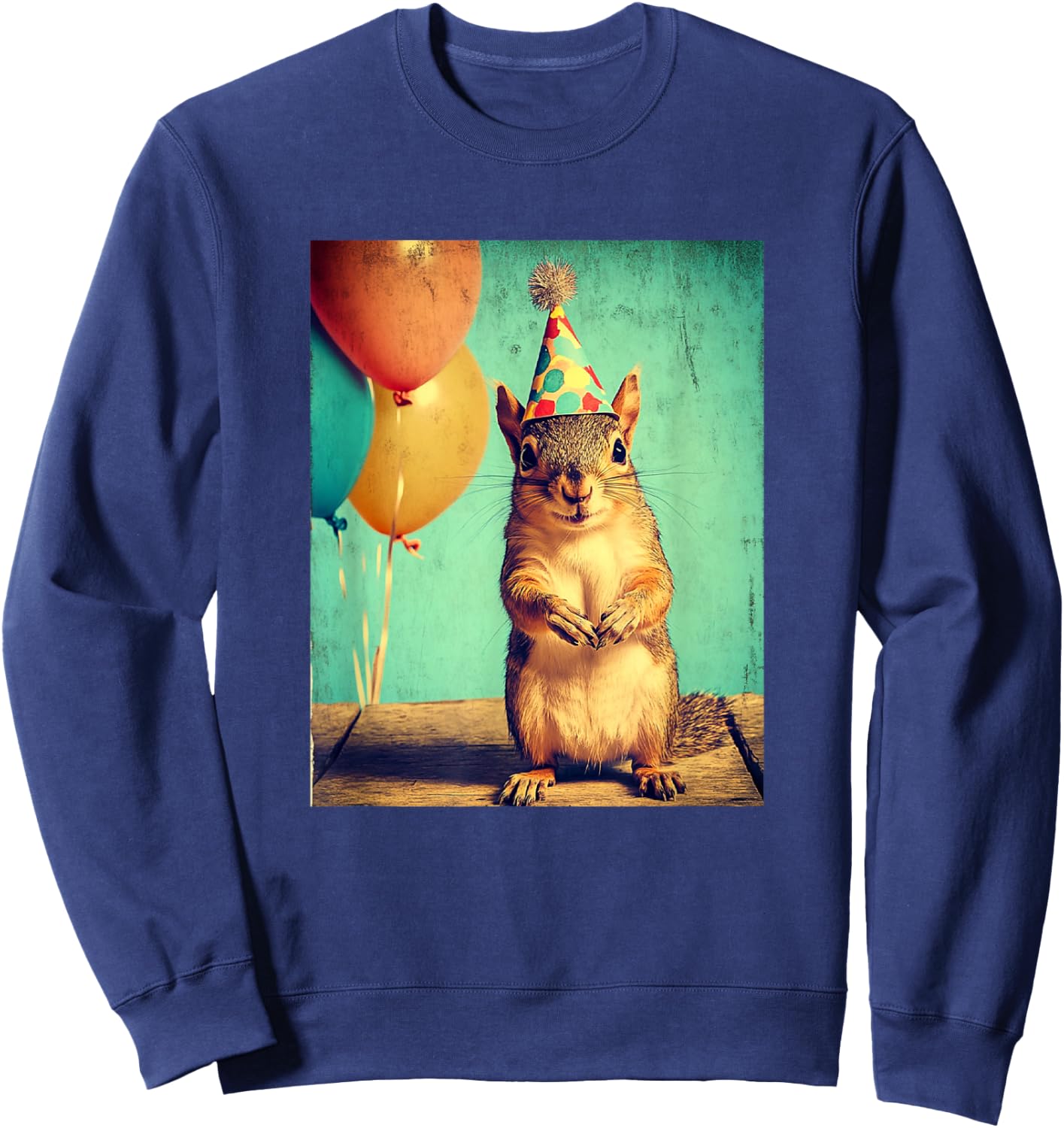 Squirrel Retro Art Print Birthday Party Balloons & Party Hat Sweatshirt - Sweatshirt | Navy