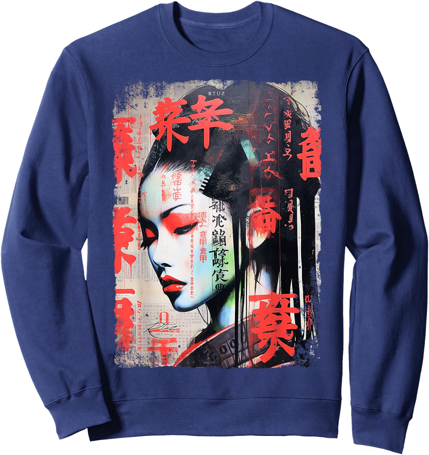 Hip Hop Y2K Vintage Hipster Edgy Urban Streetwear Geisha Sweatshirt - Sweatshirt | Navy