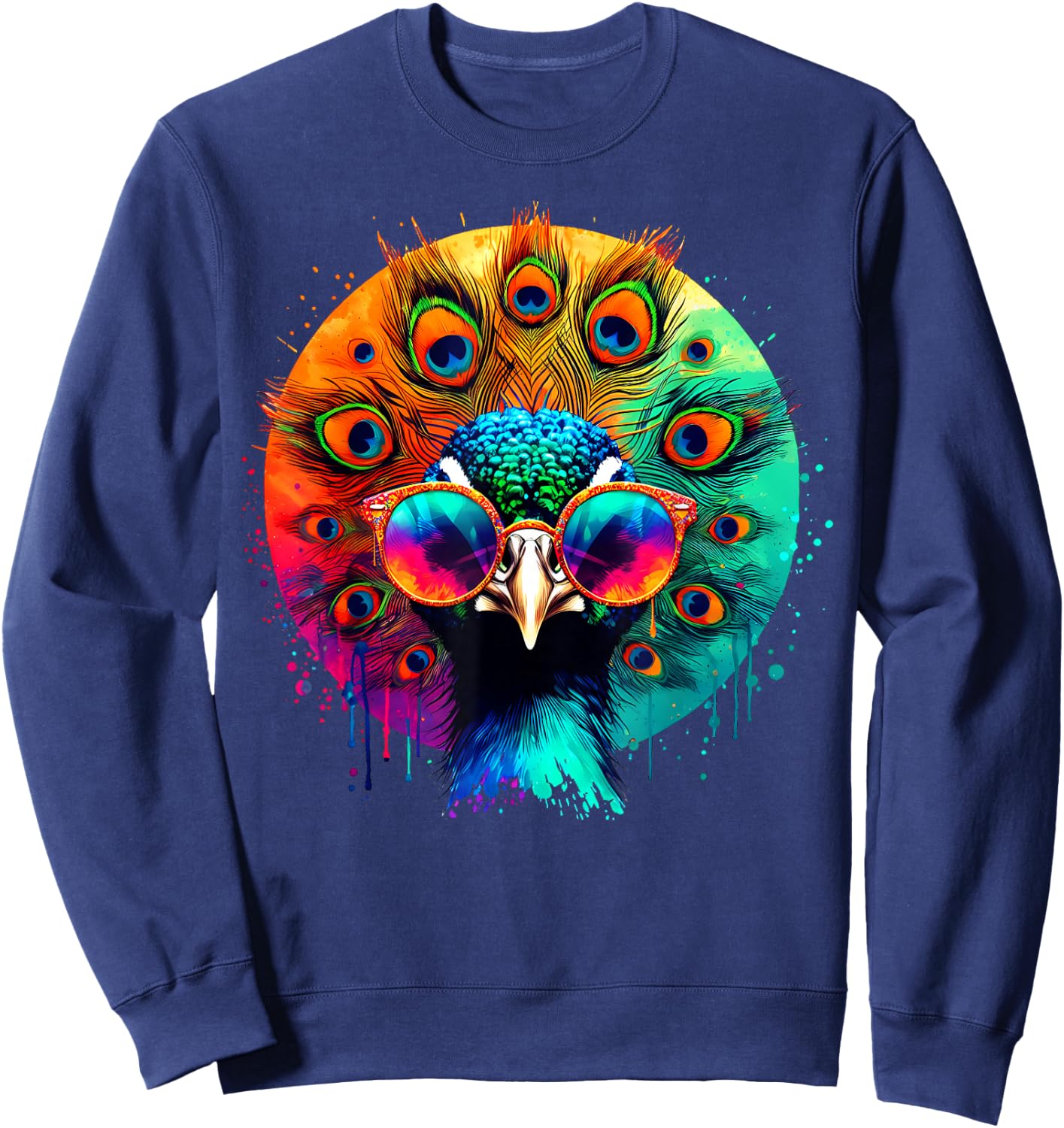 Cool Tie Dye Peacock Sunglasses Bird Illustration Art Sweatshirt - Sweatshirt | Navy