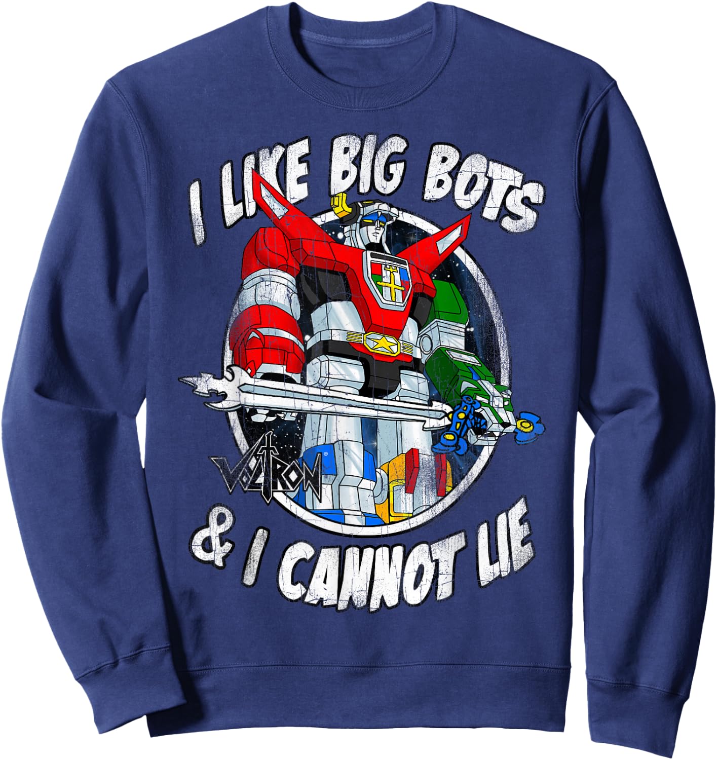 Voltron Retro Defender I Like Big Bots Distressed Sweatshirt - Sweatshirt | Navy