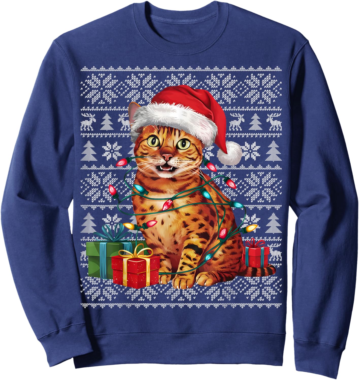 Xmas Sweater Style Ugly Santa Hat Bengal Cat Christmas Women Kids Sweatshirt - Sweatshirt | Navy