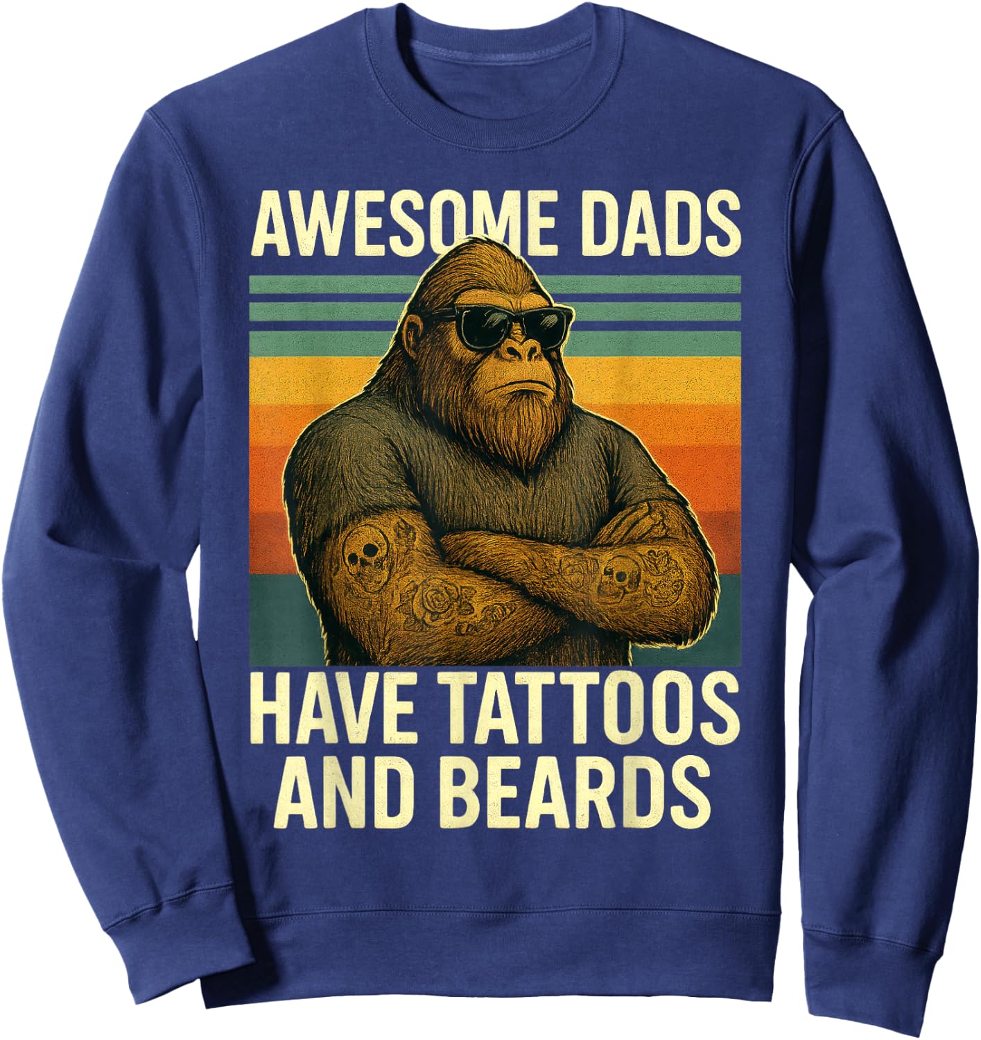 Awesome Dads Tattooed Bearded Bigfoot Retro Fathers Day Sweatshirt - Sweatshirt | Navy