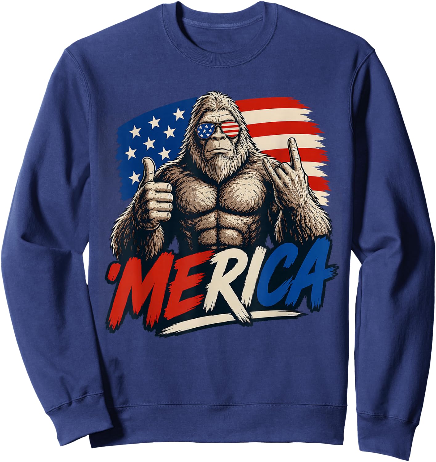 Bigfoot 'Merica Rock Thumbs Up American Flag 4th of July Sweatshirt - Sweatshirt | Navy