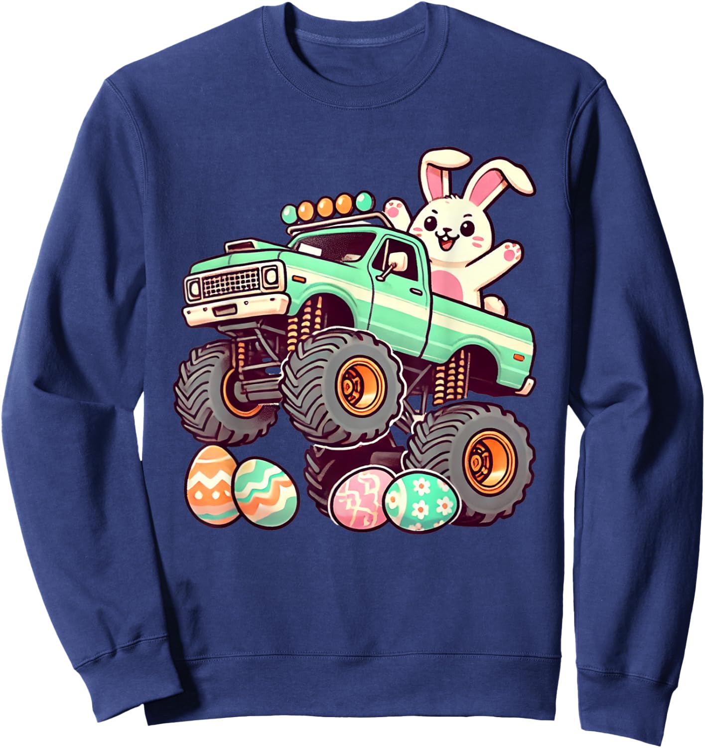 Monster Truck Bunny Happy Easter Day Kids Boys Toddler Funny Sweatshirt - Sweatshirt | Navy