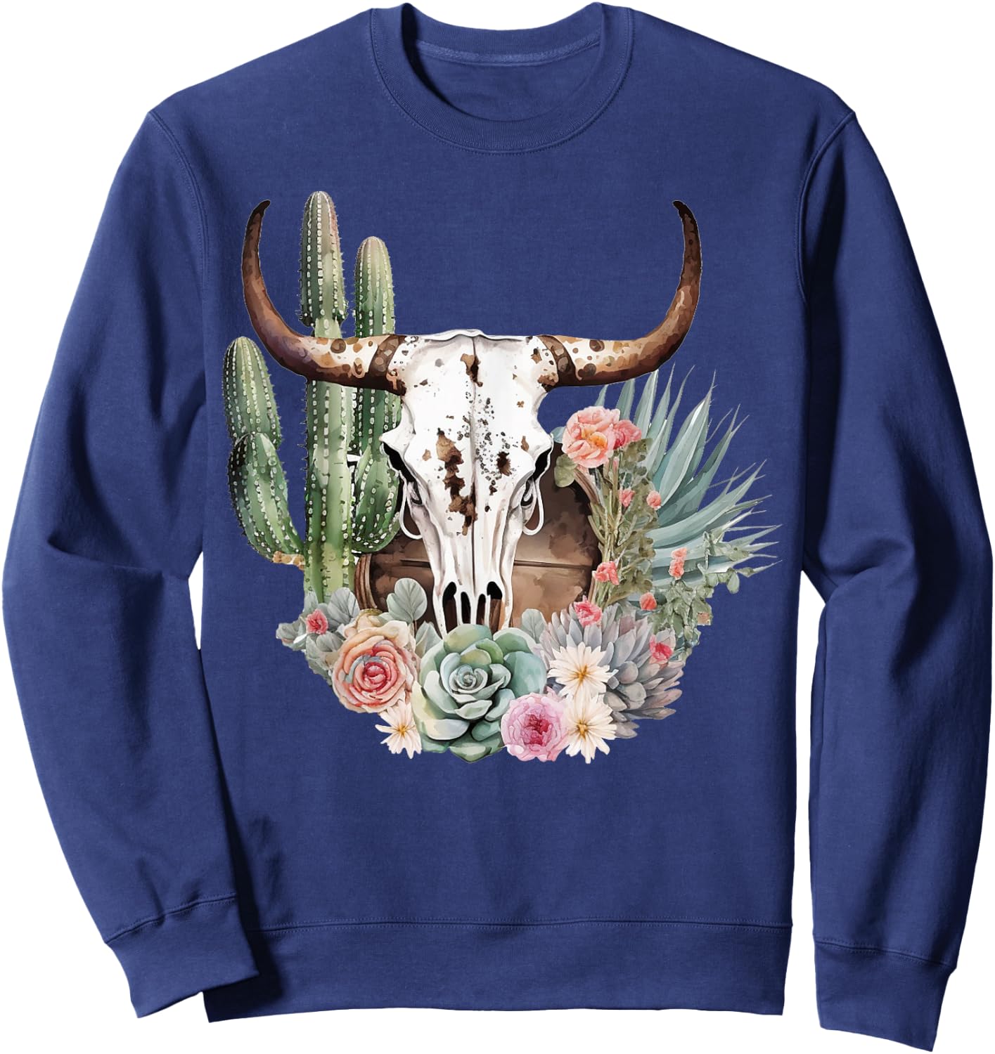 Western Boho Chic Longhorn Bull Skull Cactus Beige Pattern Sweatshirt - Sweatshirt | Navy