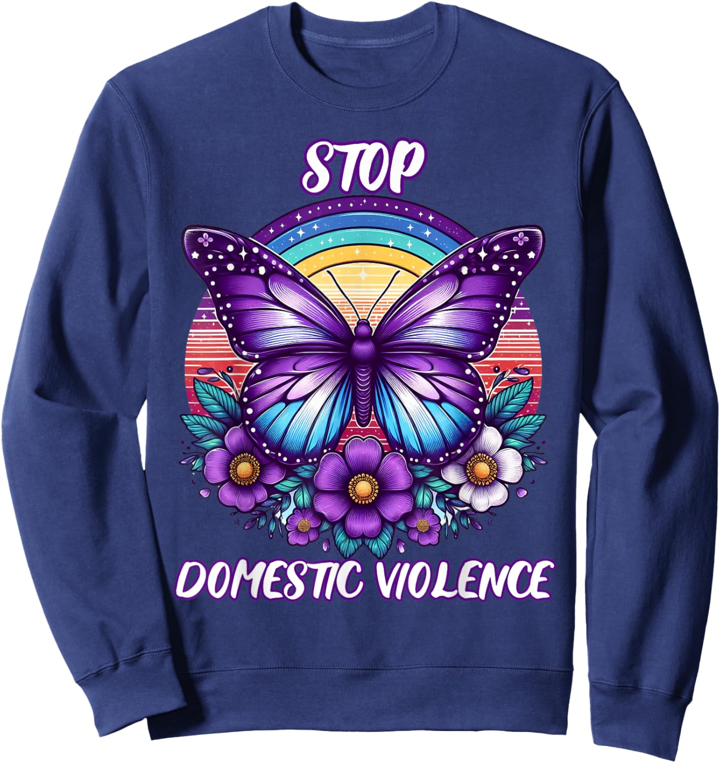 Women's Stop Domestic Violence Purple Retro Rainbow Flowers Sweatshirt - Sweatshirt | Navy