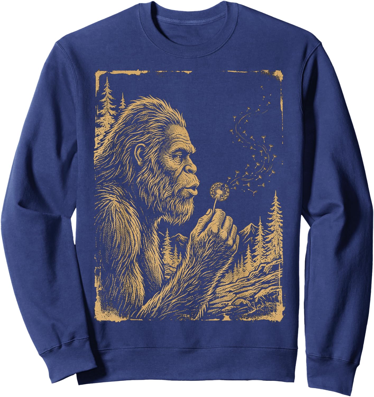 Funny Bigfoot Blowing Wishes Dandelion Vintage Art Sweatshirt - Sweatshirt | Navy