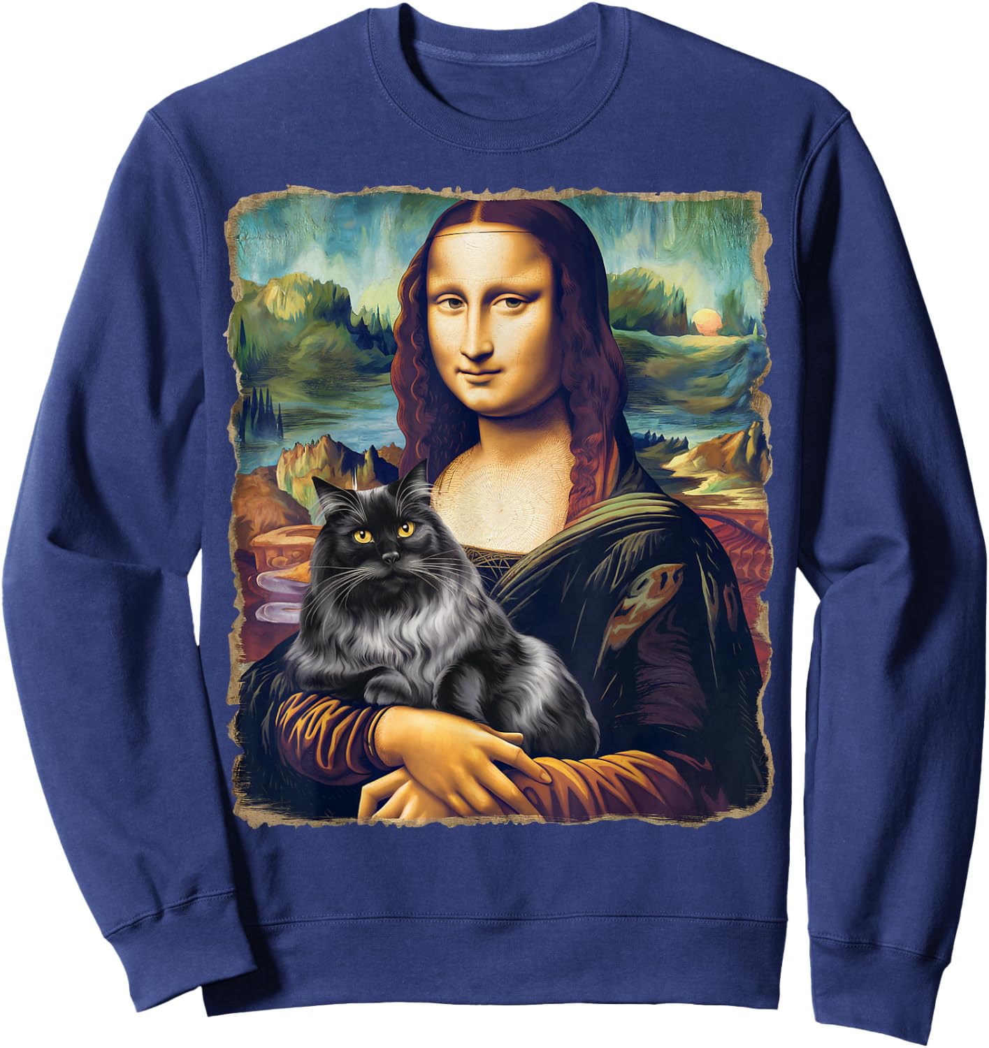 Black Cat Art Painting Apparel Gifts Graphic Mona Lisa Cat Art Funny for Cat Lovers, -Adults, Kids, Black, Small, Short Sleeve Sweatshirt - Sweatshirt | Navy