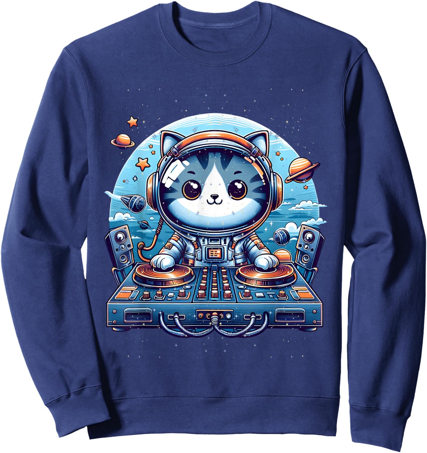 DJ Cat Cute Space Cat Disc Jockey Cat in Astronaut Suit Sweatshirt - Sweatshirt | Navy