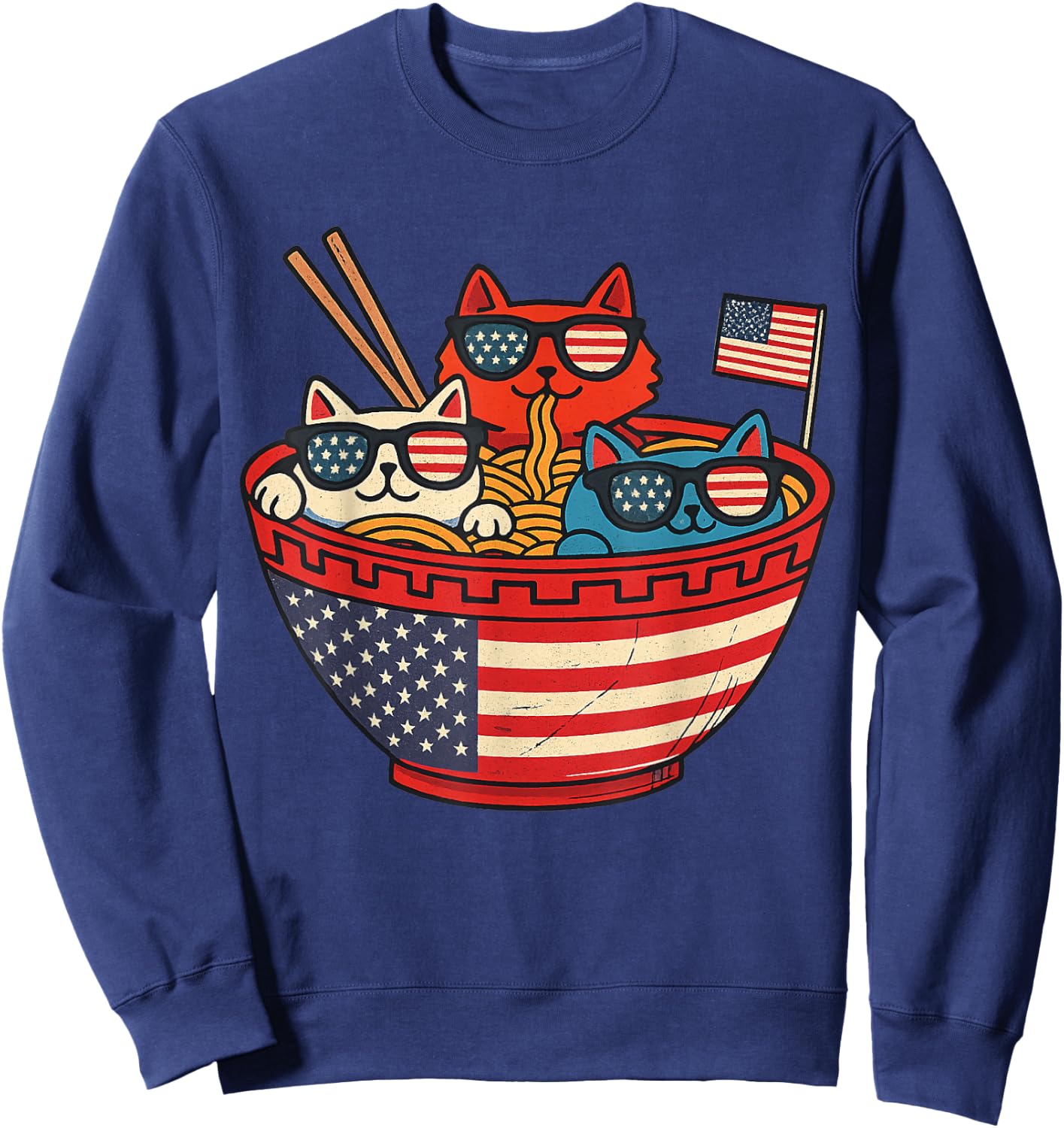 Cats Ramen Anime American Flag USA Funny 4th Of July Fourth Sweatshirt - Sweatshirt | Navy