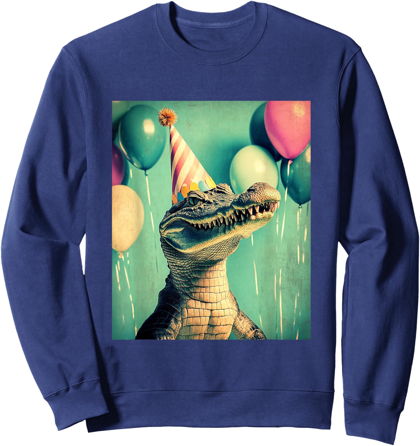 Crocodile Retro Art Print Birthday Party Balloons Party Hat Sweatshirt - Sweatshirt | Navy