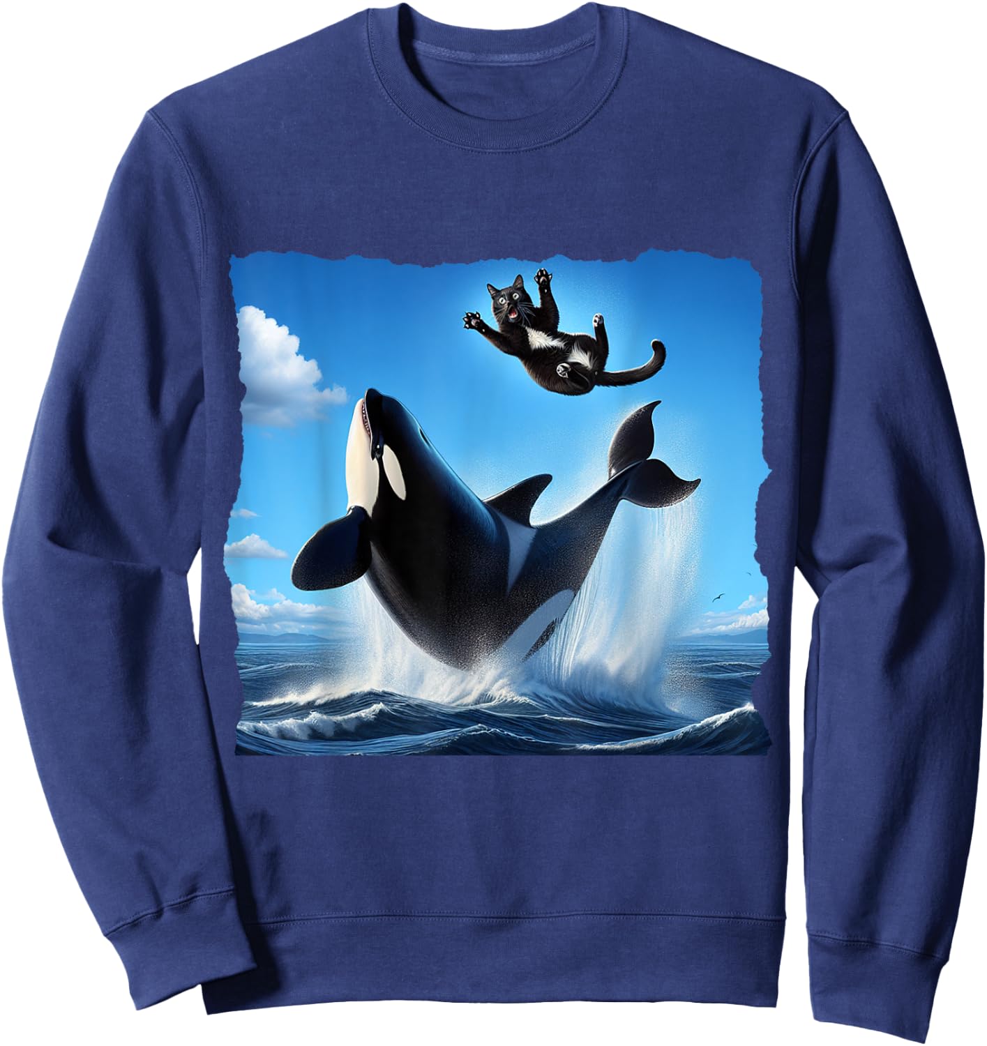 Funny Orca Whale Playing With Black Cat. cat and orca lover Sweatshirt - Sweatshirt | Navy