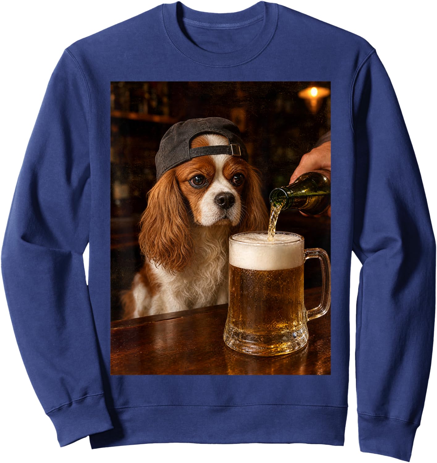 Cavalier King Charles Drinking Beer Funny Dog Meme Sweatshirt - Sweatshirt | Navy