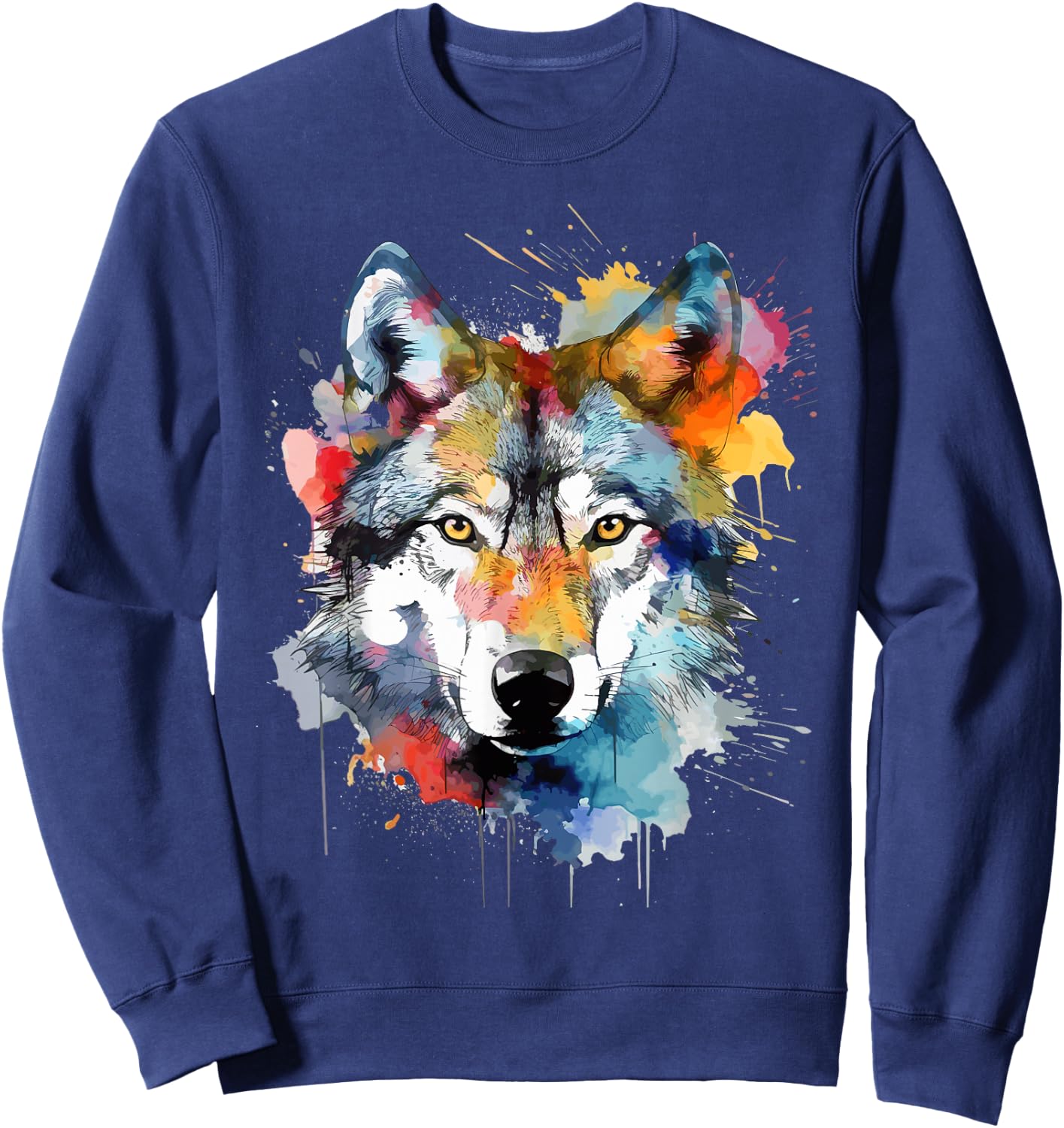 Wolfskopf Aquarell Damen Schwarz Small EU 38 V-Ausschnitt Kurzarm Klassische Passform Baumwolle 50% Polyester 50% Tierdruck Wildnis Einzigartiges Wolf-Design 1 Count Sweatshirt - Sweatshirt | Navy