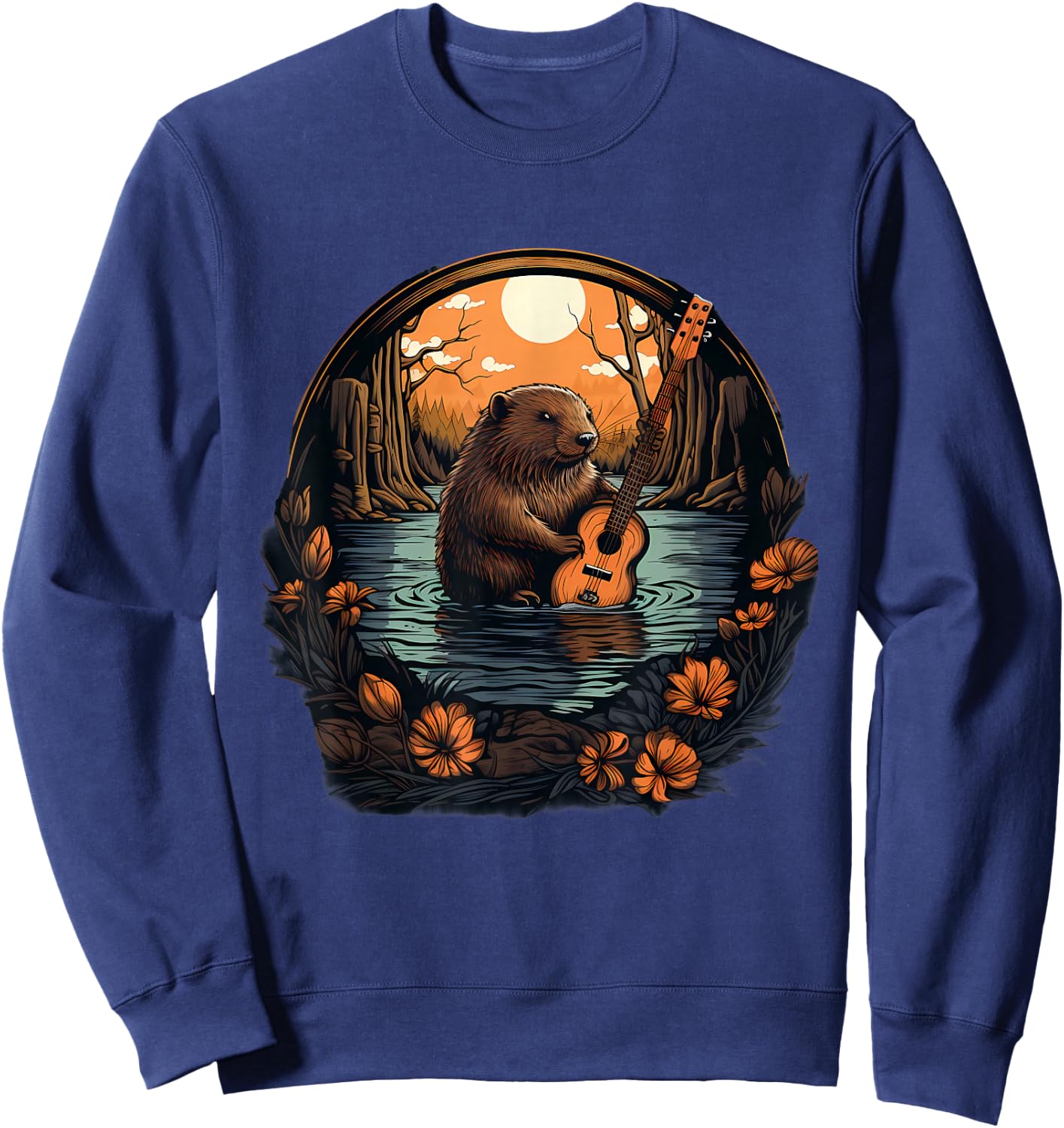 Beaver Nature Guitar Landscape Wildlife Artwork Animal Art Sweatshirt - Sweatshirt | Navy