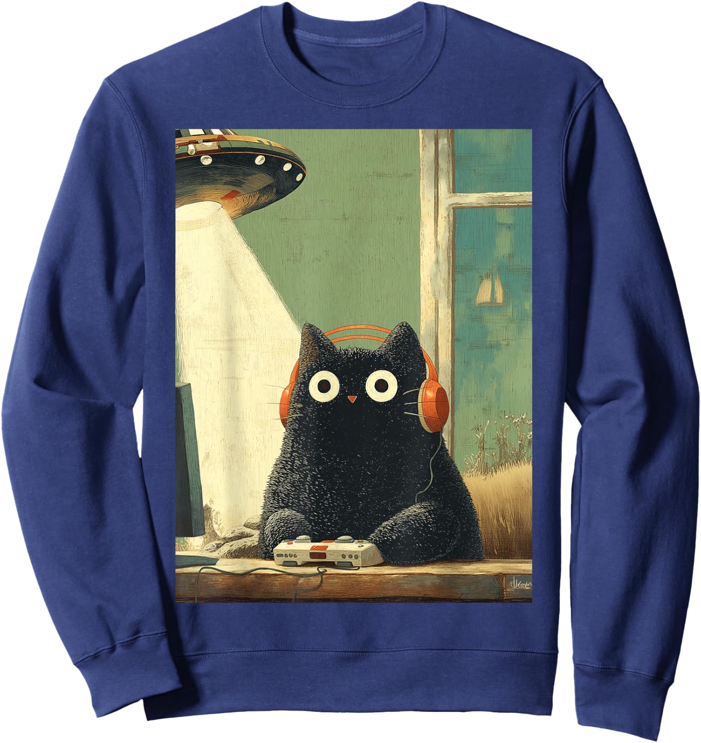 Japanische Schwarze Gamer Cat Videospiele Abduktion UFO Space Sweatshirt - Sweatshirt | Navy