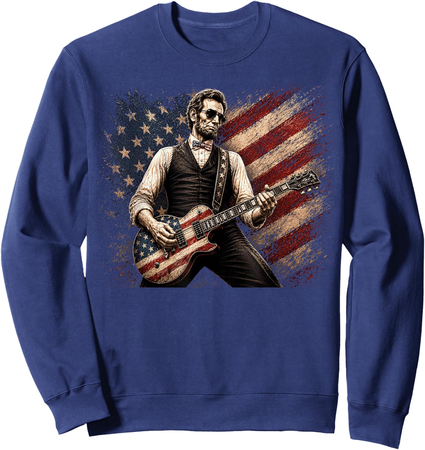 Abraham Lincoln Playing Guitar Rock and Roll American Flag Sweatshirt - Sweatshirt | Navy
