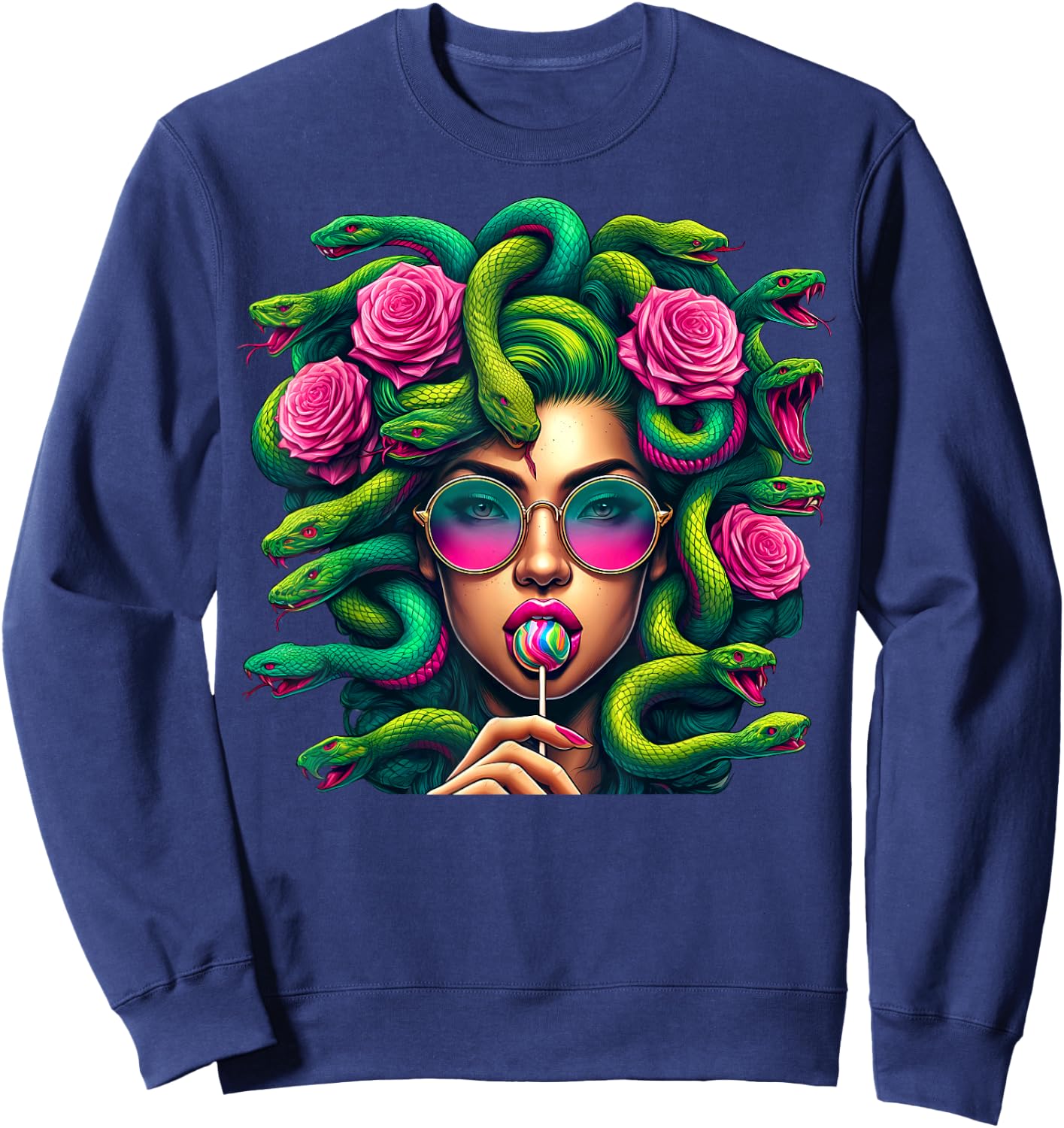 Medusa Snakes Roses Lollipop Floral Greek Mythology Sweatshirt - Sweatshirt | Navy
