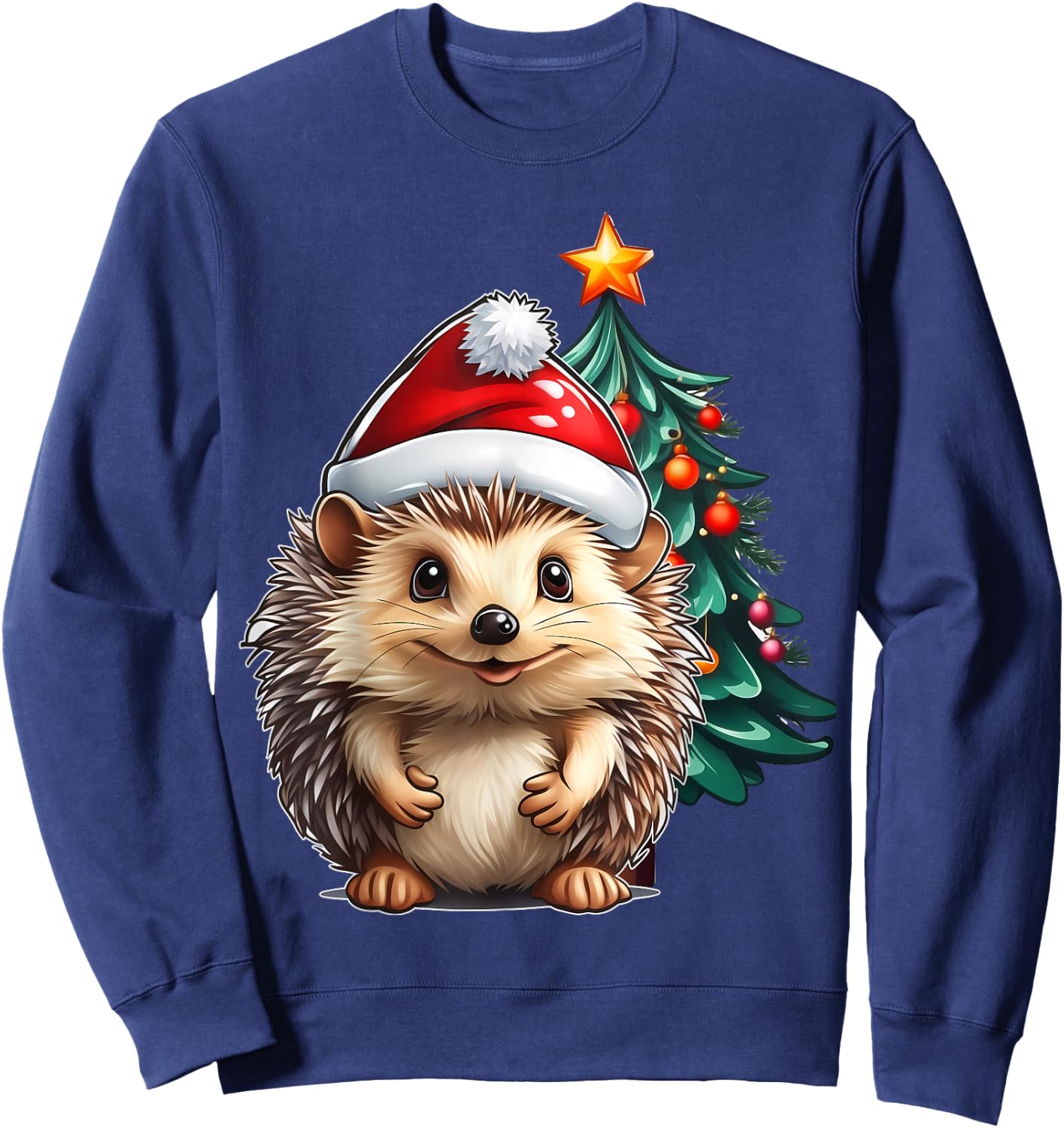 Aesthetic Christmas Hedgehog Santa Hat Xmas Tree Custom Sweatshirt - Sweatshirt | Navy