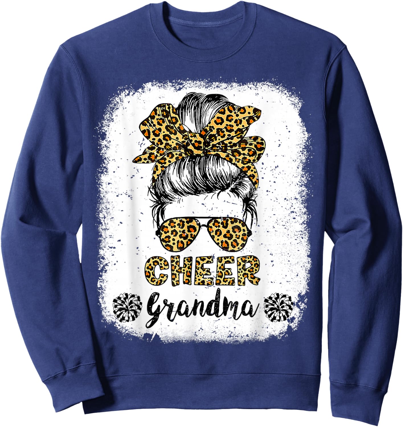 Cheer Grandma Leopard Messy Bun Cheerleader Bleached Sweatshirt - Sweatshirt | Navy