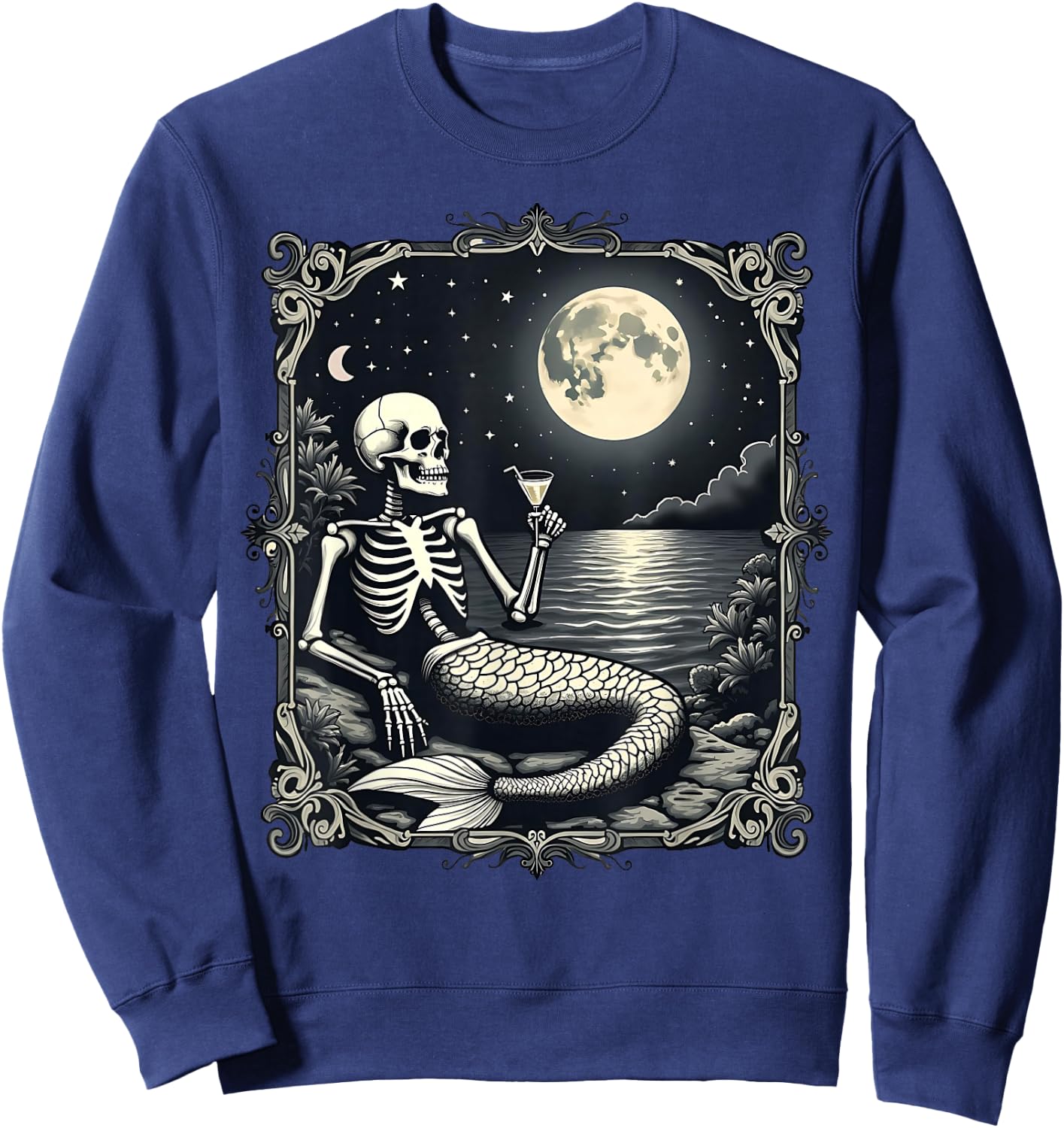 Funny Skeleton Mermaid at Full Moon Cool Mermaid Graphic Sweatshirt - Sweatshirt | Navy