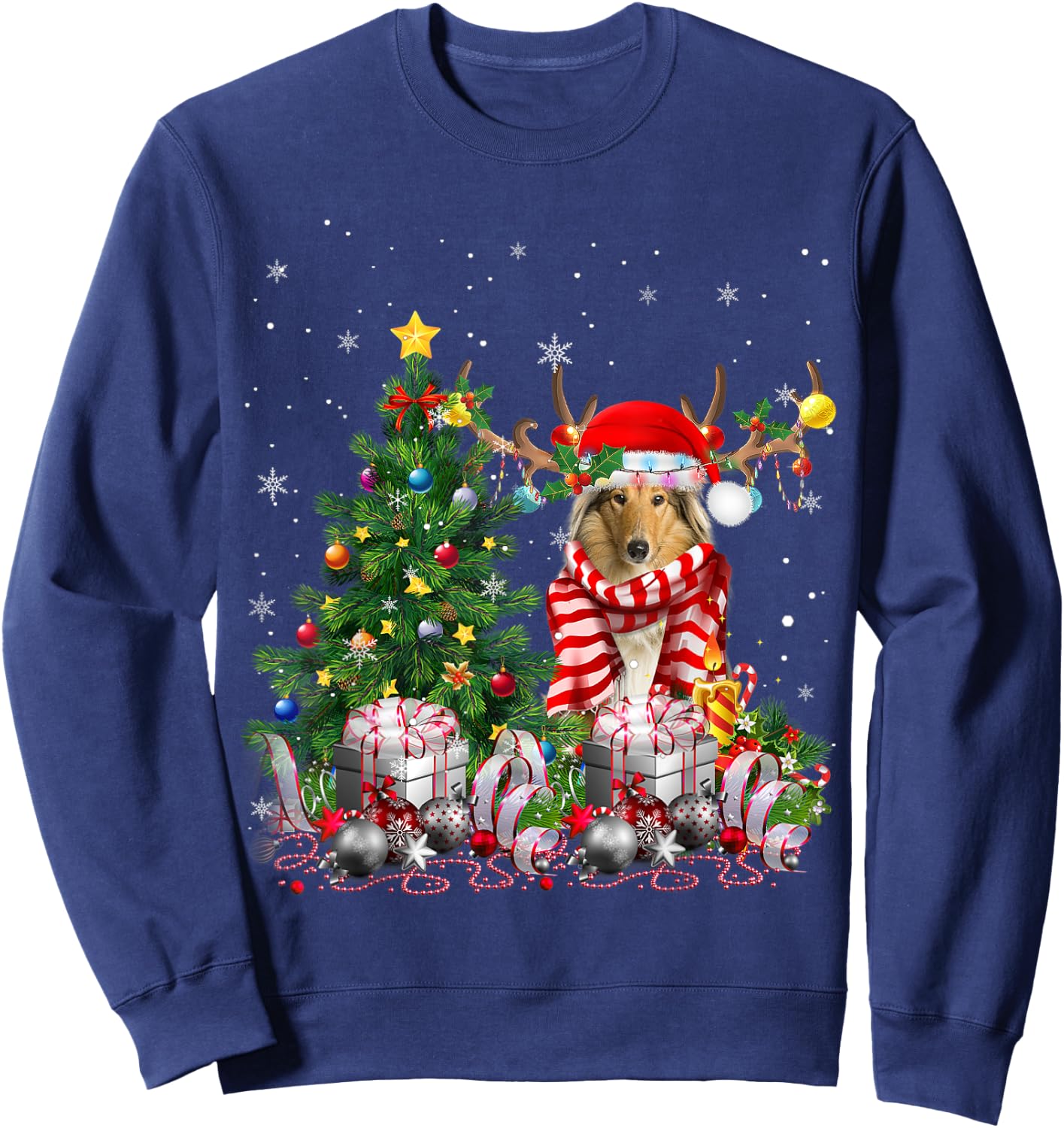 Scotch Collie Dog Christmas Tree Lights Santa Pajamas Xmas Men Women Kids Sweatshirt - Sweatshirt | Navy