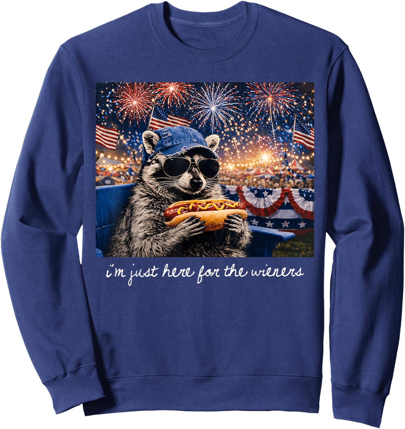 I'm Just Here for The Wieners Raccoon Fireworks 4th of July Sweatshirt - Sweatshirt | Navy