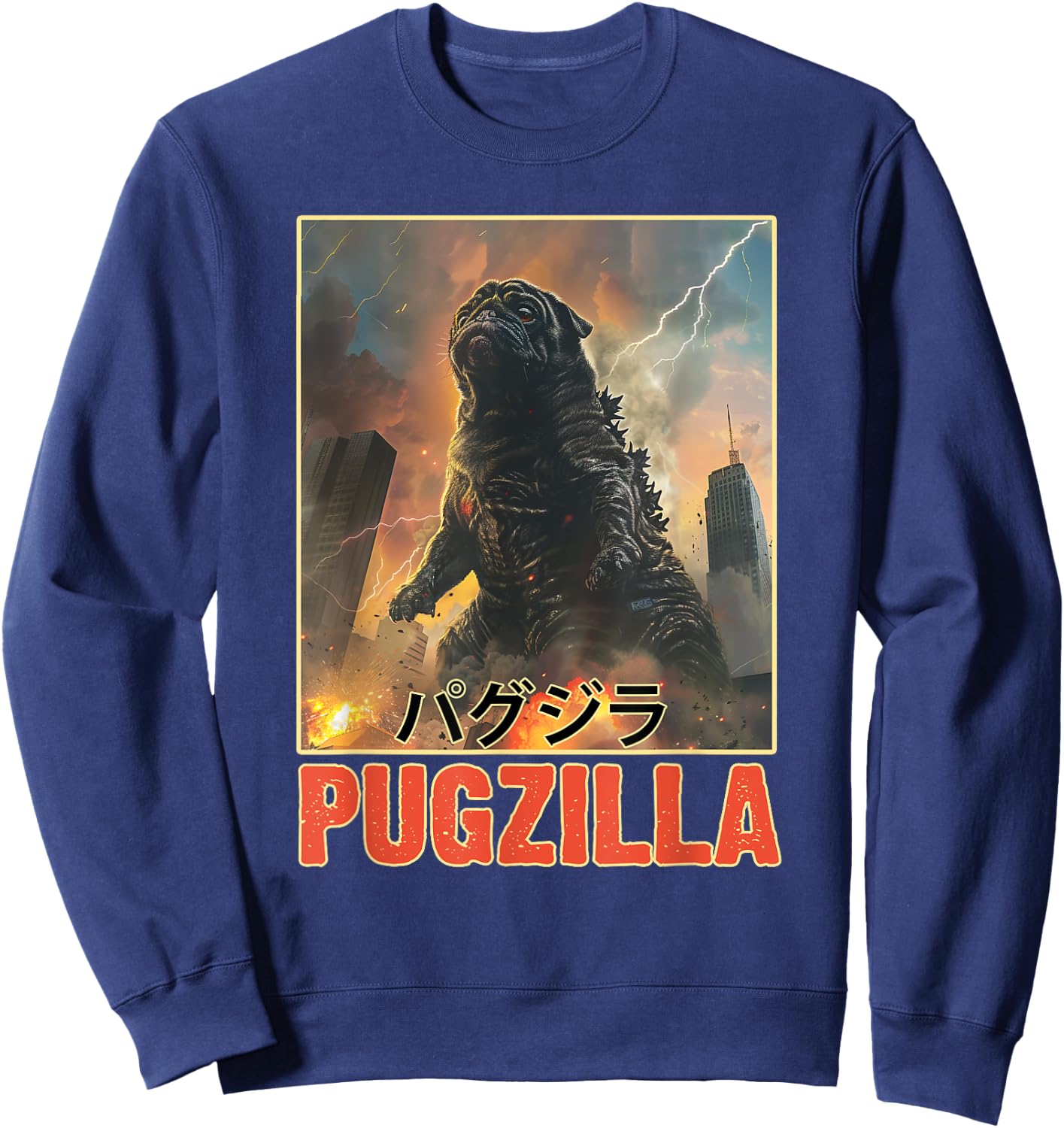 Funny Pug Vintage Styles Animal Vintage Art Pug Dog Kawai Pet Lovers Pugzilla Funny Outfits Sweatshirt - Sweatshirt | Navy