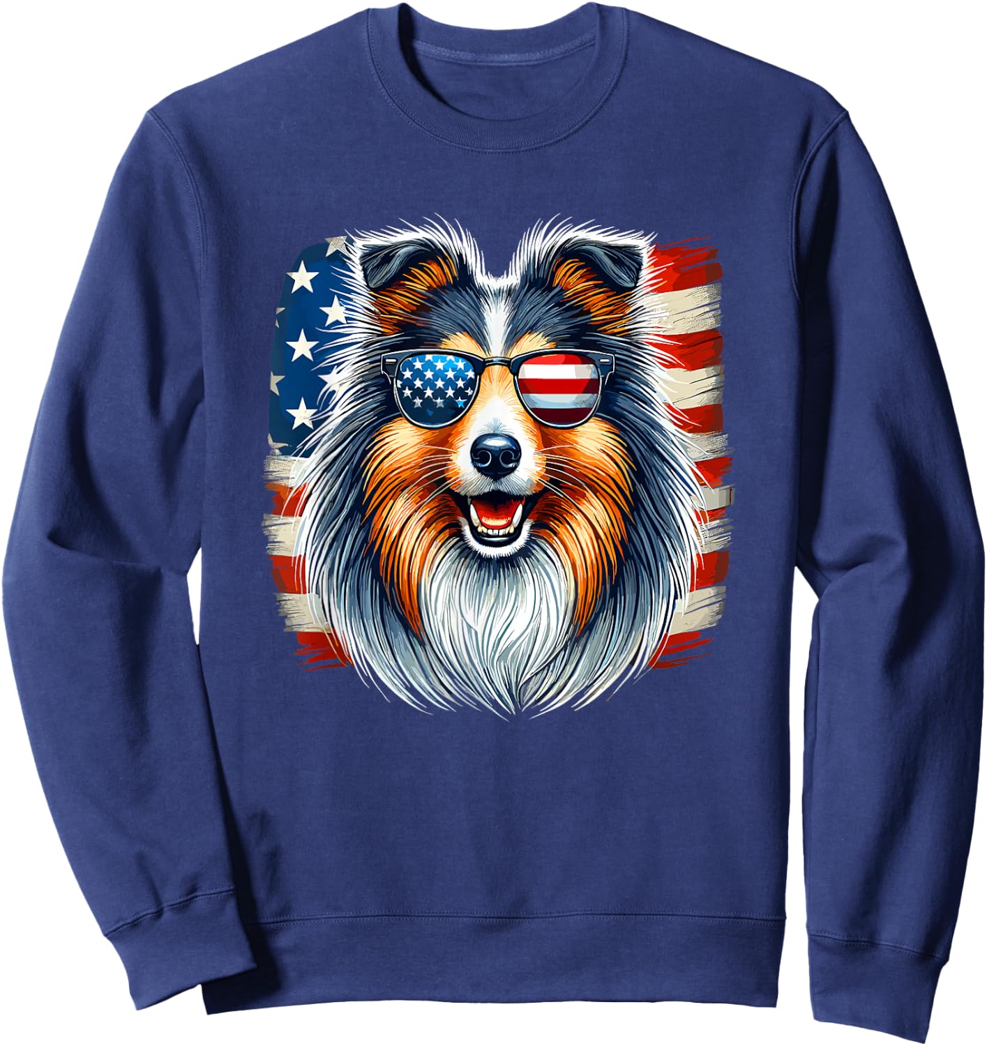 American USA Flag Shetland Sheepdog Sheltie 4th Of July Sweatshirt - Sweatshirt | Navy