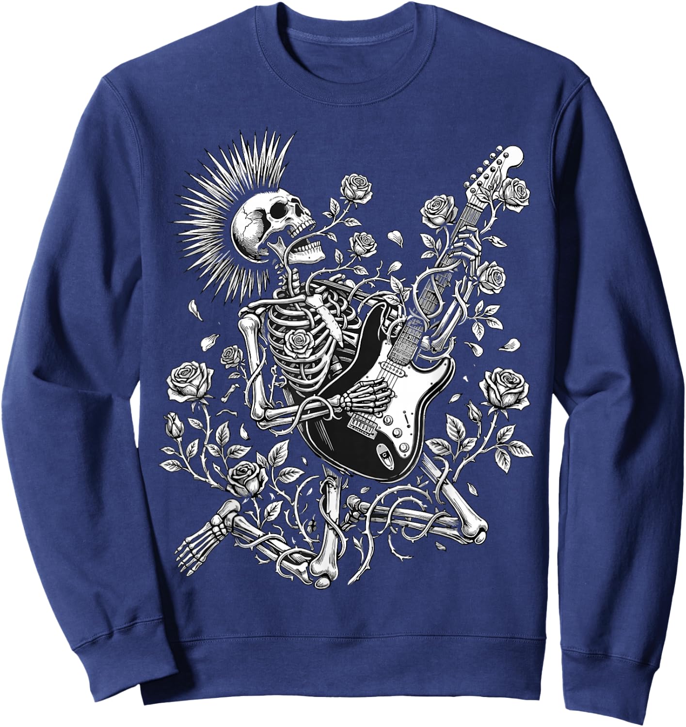 Rock and Roll Rose Skeleton Playing Guitar Sweatshirt - Sweatshirt | Navy