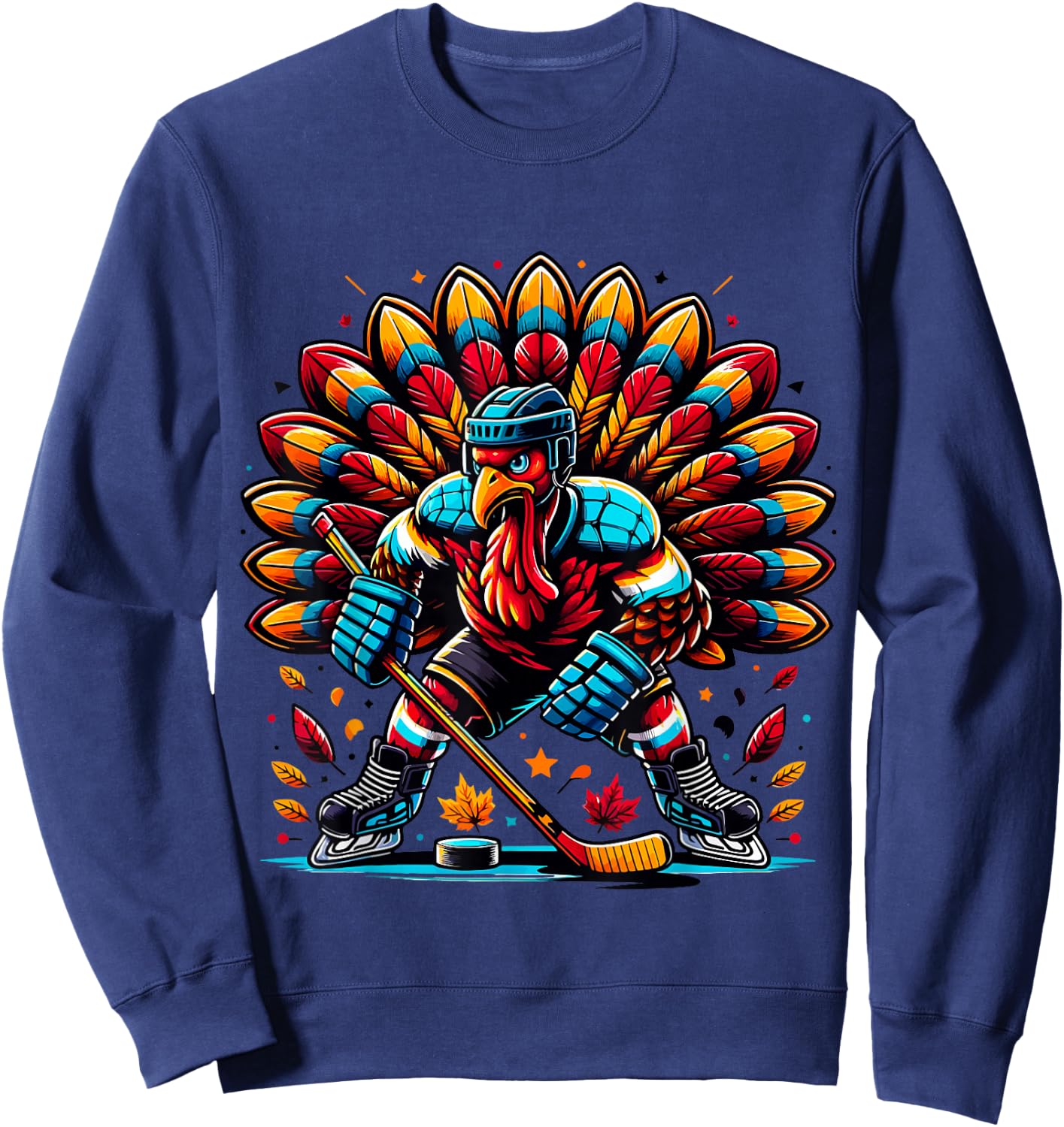 Thanksgiving Ice Hockey Turkey Playing Hockey Thankful Sweatshirt - Sweatshirt | Navy