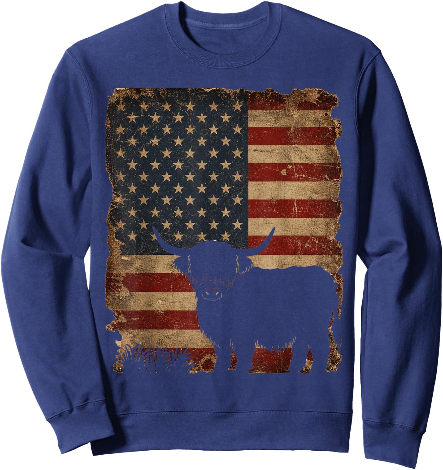 Highland Cow 4th of July Vintage American Flag Sweatshirt - Sweatshirt | Navy