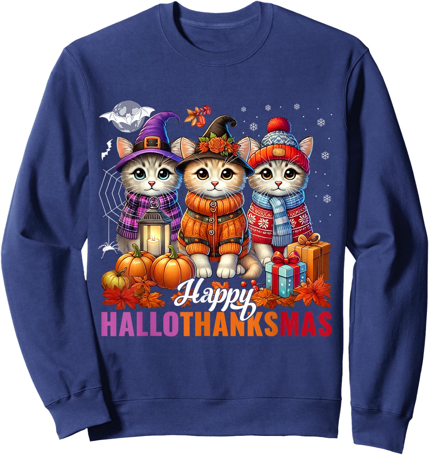 Halloween Thanksgiving Christmas Happy HalloThanksMas Cats Sweatshirt - Sweatshirt | Navy