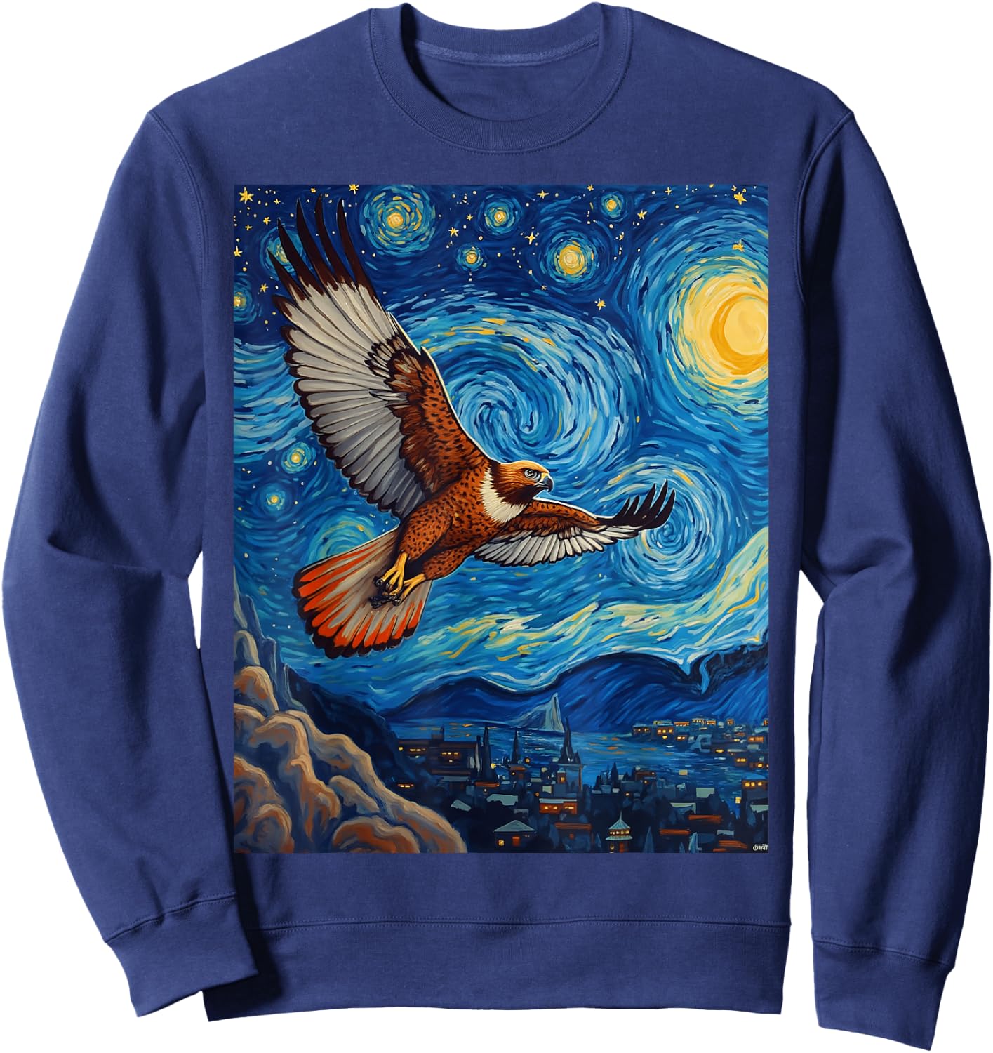 Van Gogh's Starry Night Red-Tailed Hawk Sky Hunter Animal Sweatshirt - Sweatshirt | Navy