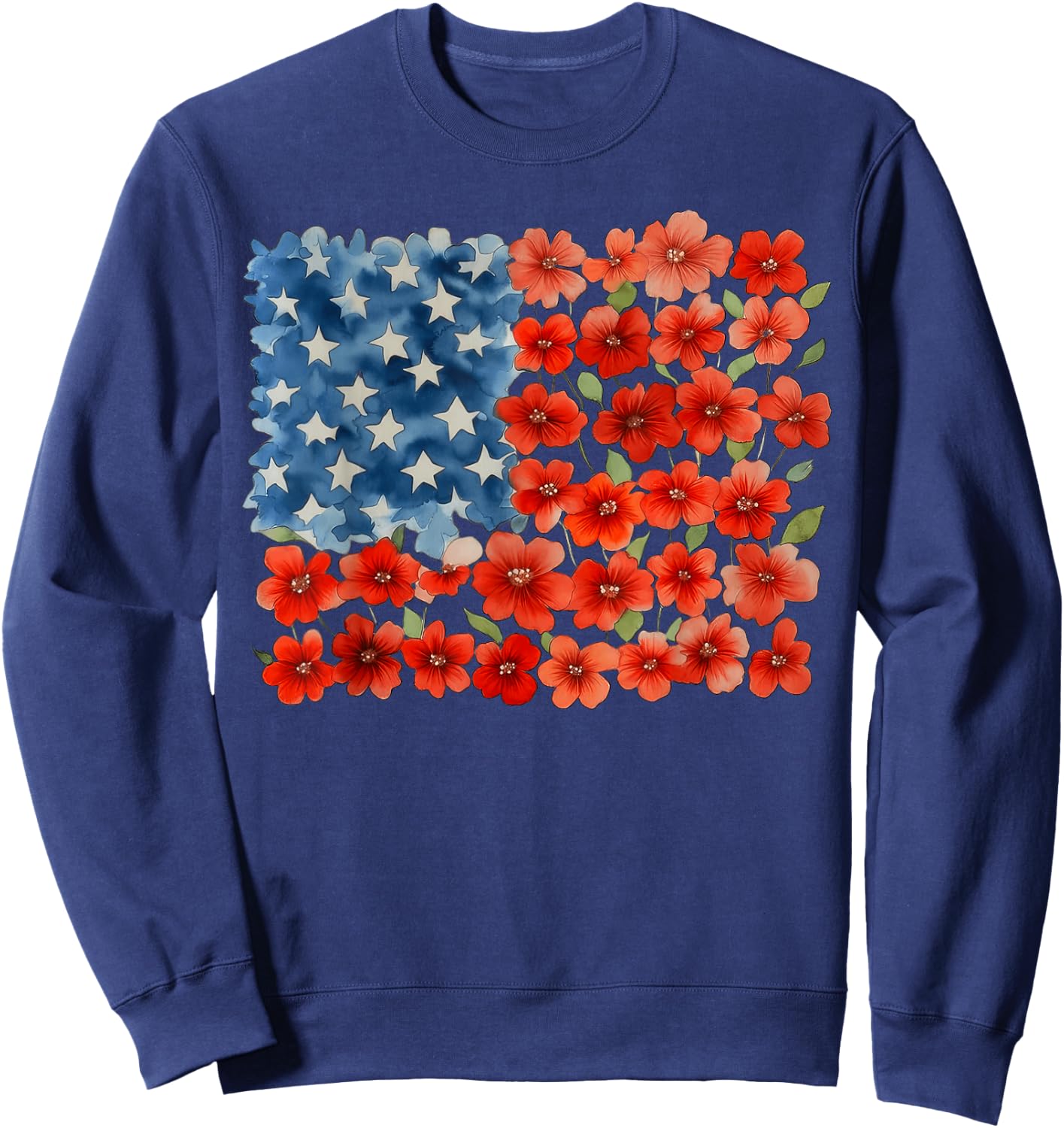 Women 4th of July Floral American Flag Wildflowers Patriotic Sweatshirt - Sweatshirt | Navy
