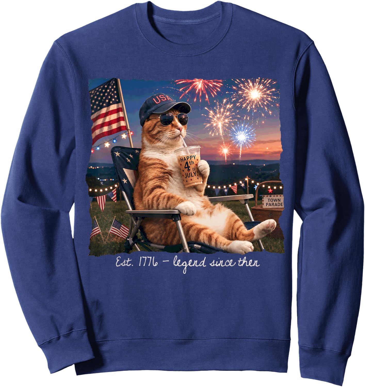 Funny 4th of July Cat Fireworks Est 1776 Legend Since Then Sweatshirt - Sweatshirt | Navy