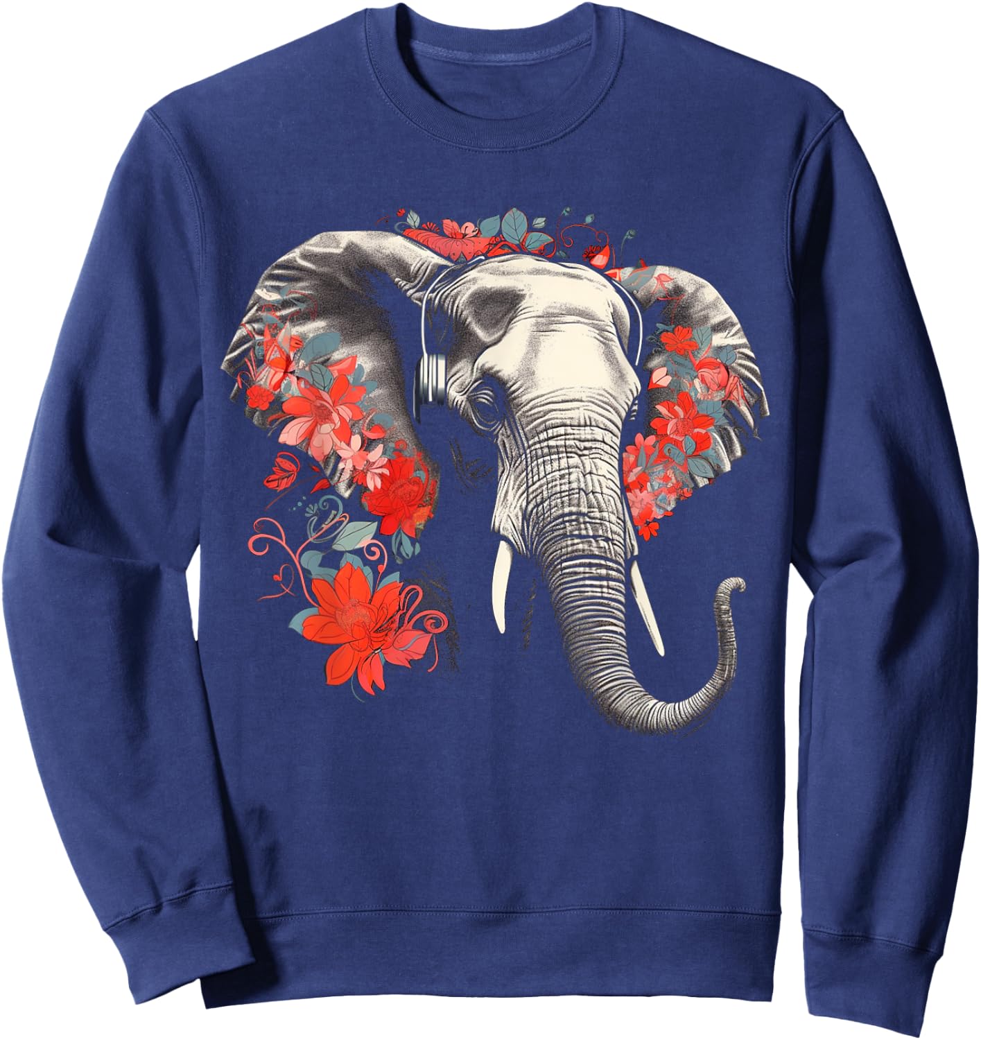 Elephant Flowers Music - Animal Art Elephant Sweatshirt - Sweatshirt | Navy