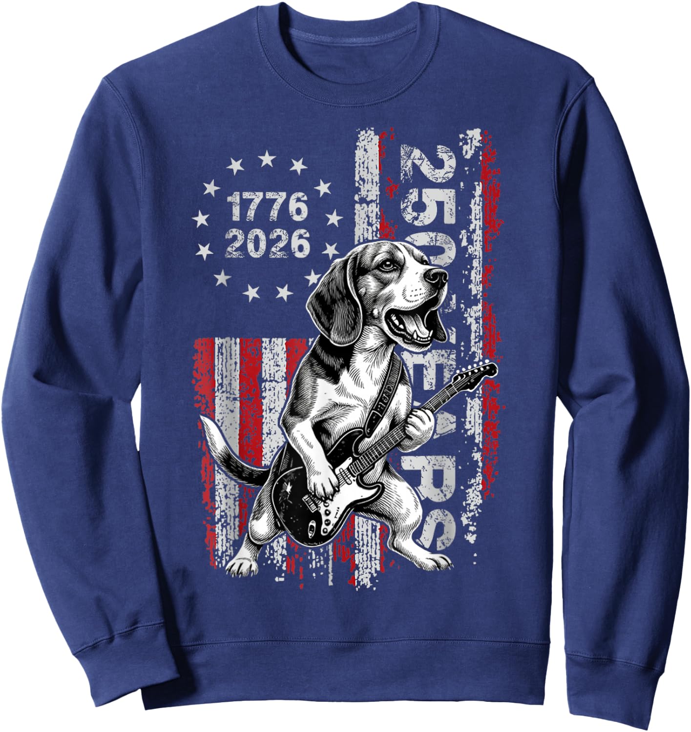 250 Years US Flag Beag Dog Playing Guitar - Funny Beagle Sweatshirt - Sweatshirt | Navy