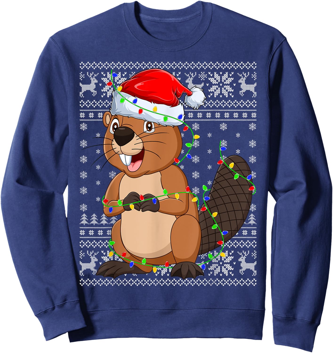 Ugly Sweater Xmas Lights Santa Hat Beaver Christmas Sweatshirt - Sweatshirt | Navy